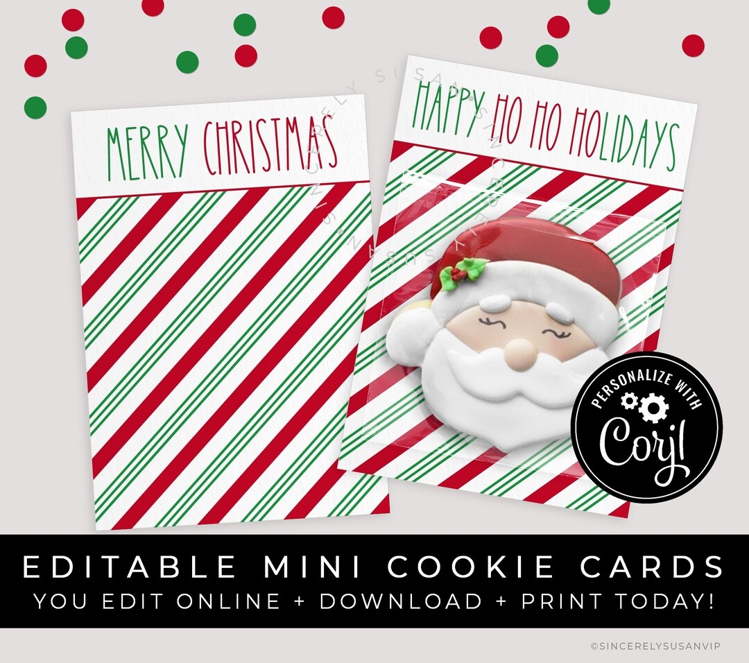 CUSTOMIZABLE Merry Christmas Cookie Card Printable Happy Ho Ho Holidays Santa Mini Cookie Card Editable Candy Cane Stripe Corjl 196 VIP Etsy