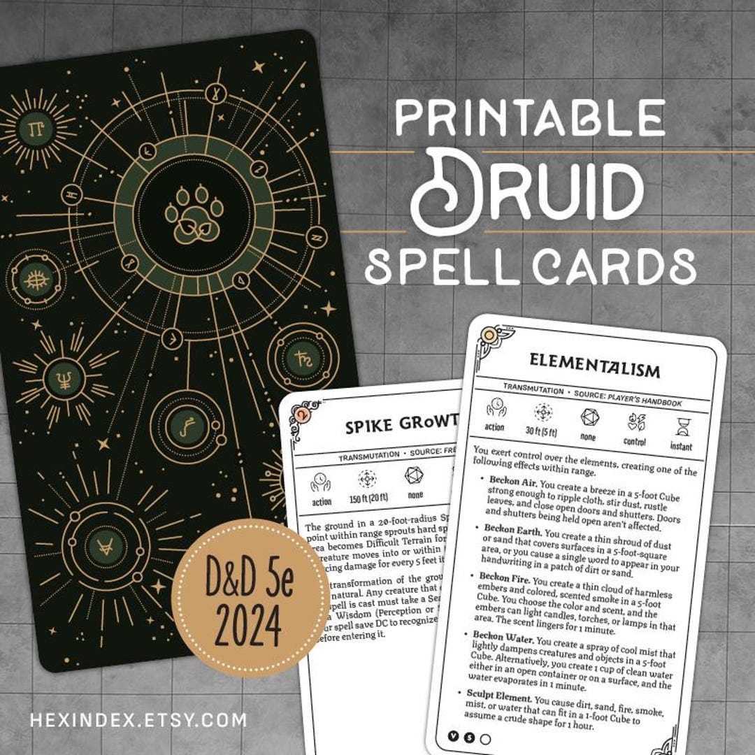 D D 5e 2024 5 5 Druid Spell Cards printable Etsy