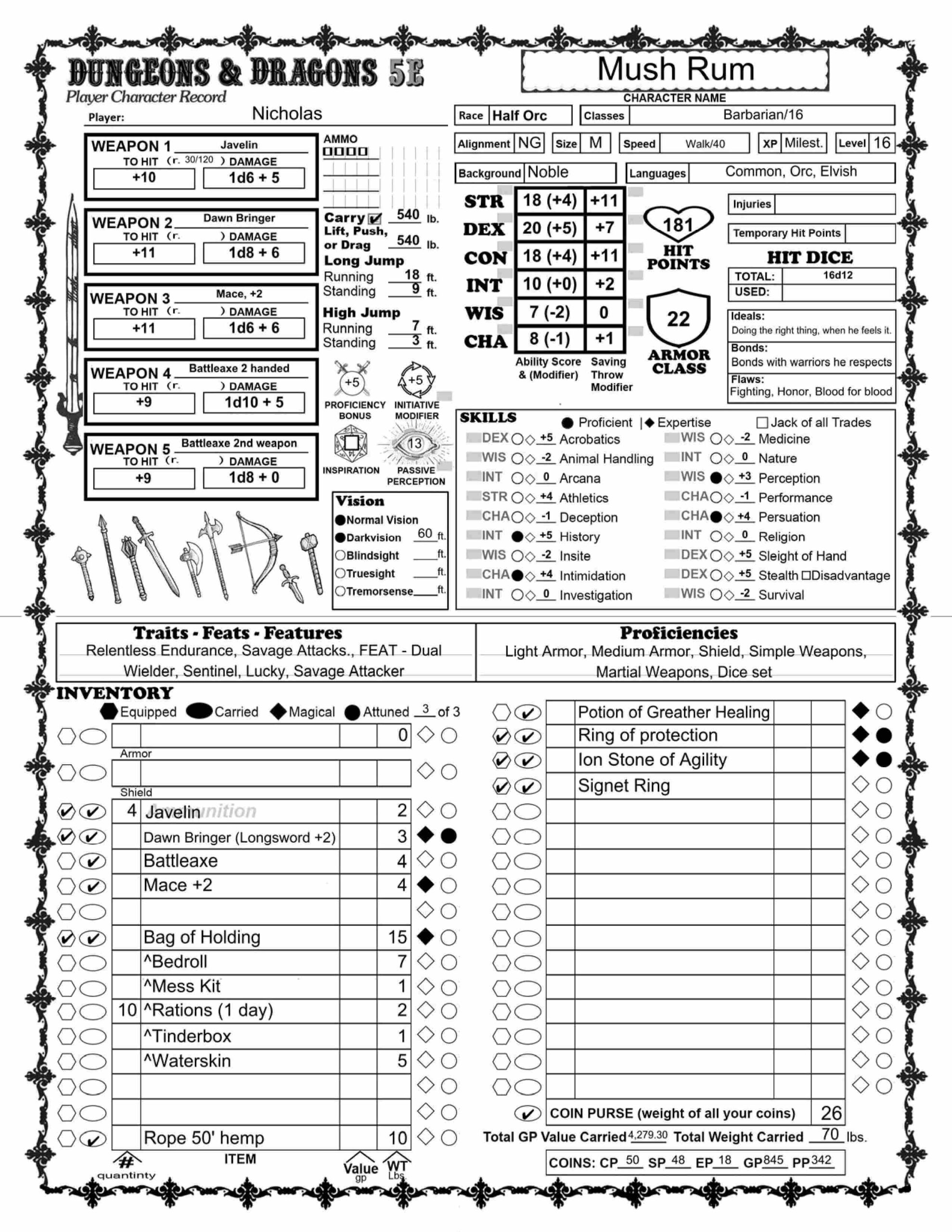 D D 5E Character Sheet And Folio Dungeon Master Assistance