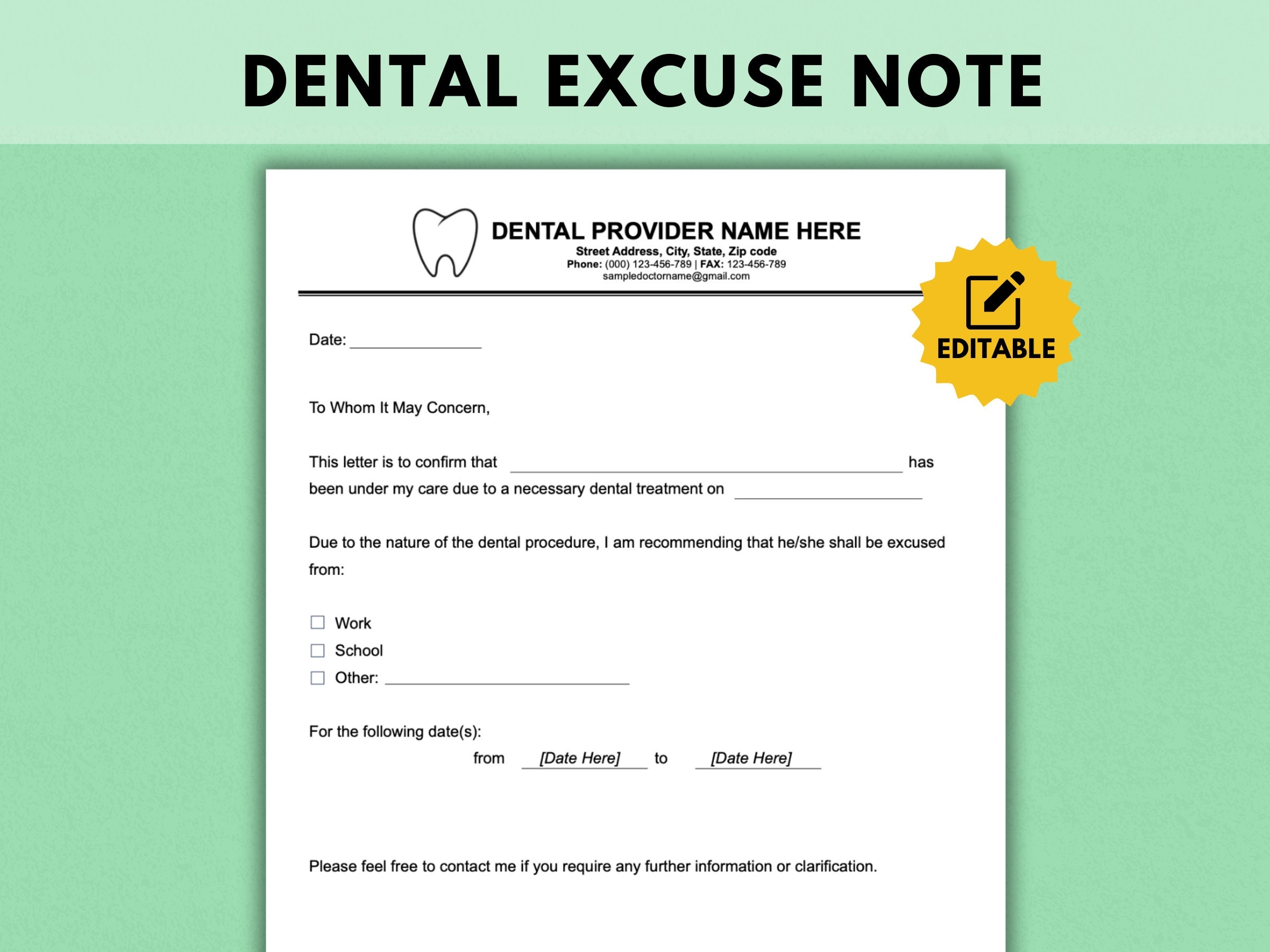 Dentist Excuse Note Template Dental Medical Excuse Note Instant Download Editable Template For Orthodontic Medical Certificate Fillable Etsy