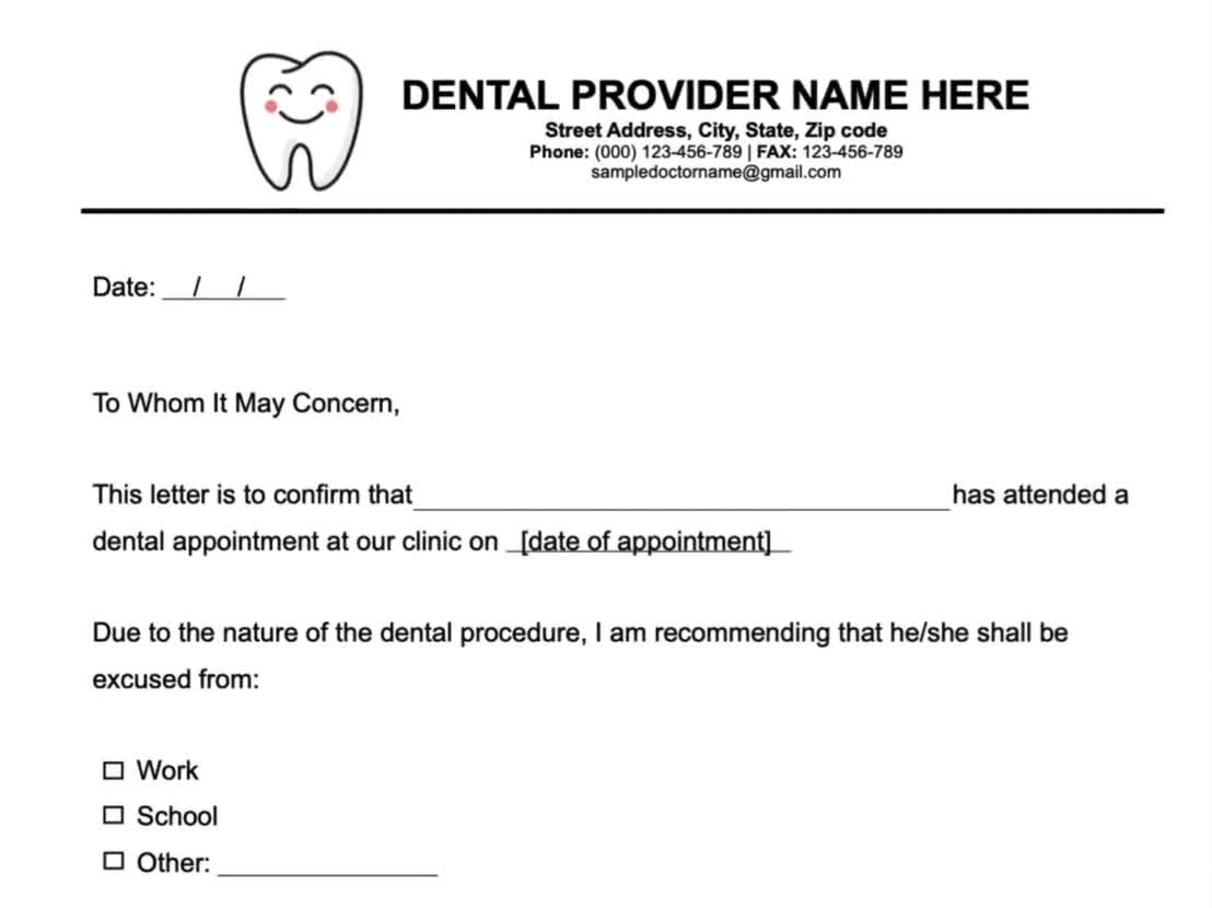 Free Printable Dentist Note For Work Editable In Word