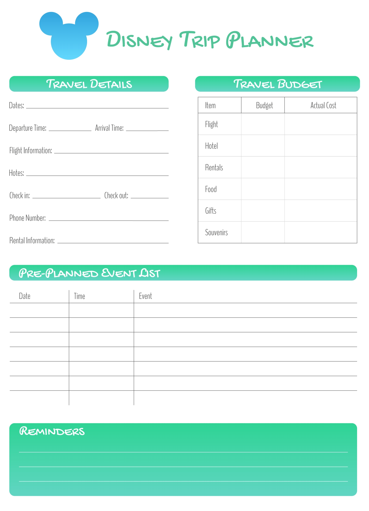 Editable Disney World Planner Free Printables
