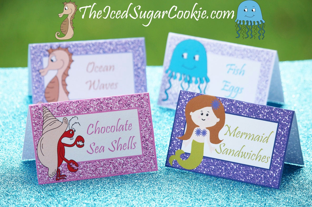 DIY Birthday Blog DIY Mermaid Under The Sea Birthday Party Printables Food Label Tent Cards Cupcake Toppers Flag Garland Hanging Banner Purple Glitter Digital Download Template Seahorse Jellyfish Hermit Crab