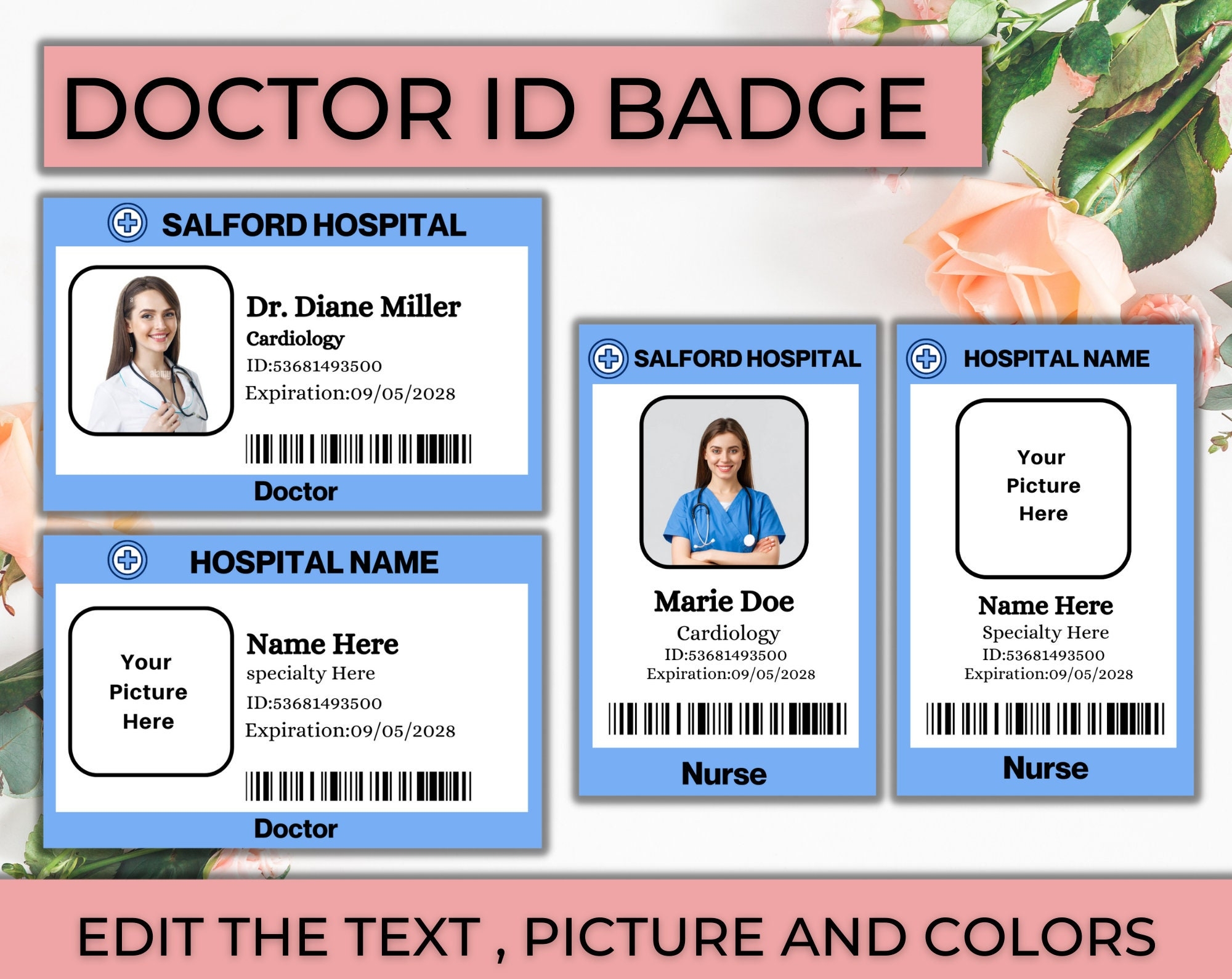 Doctor ID Badge Editable Hospital Staff ID Doctor Badge Id Instant Download Doctor Name Tags Doctor Badge Reel Nurse ID Badge Etsy