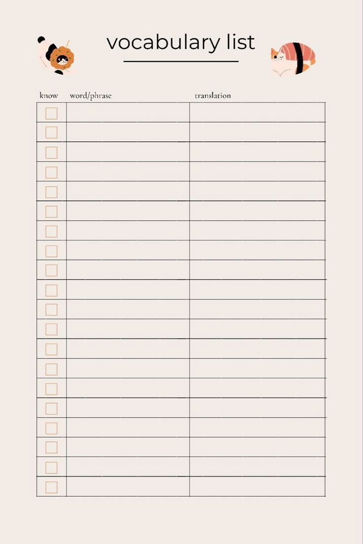 Download Free Vocab List Template Printable Planner Pages