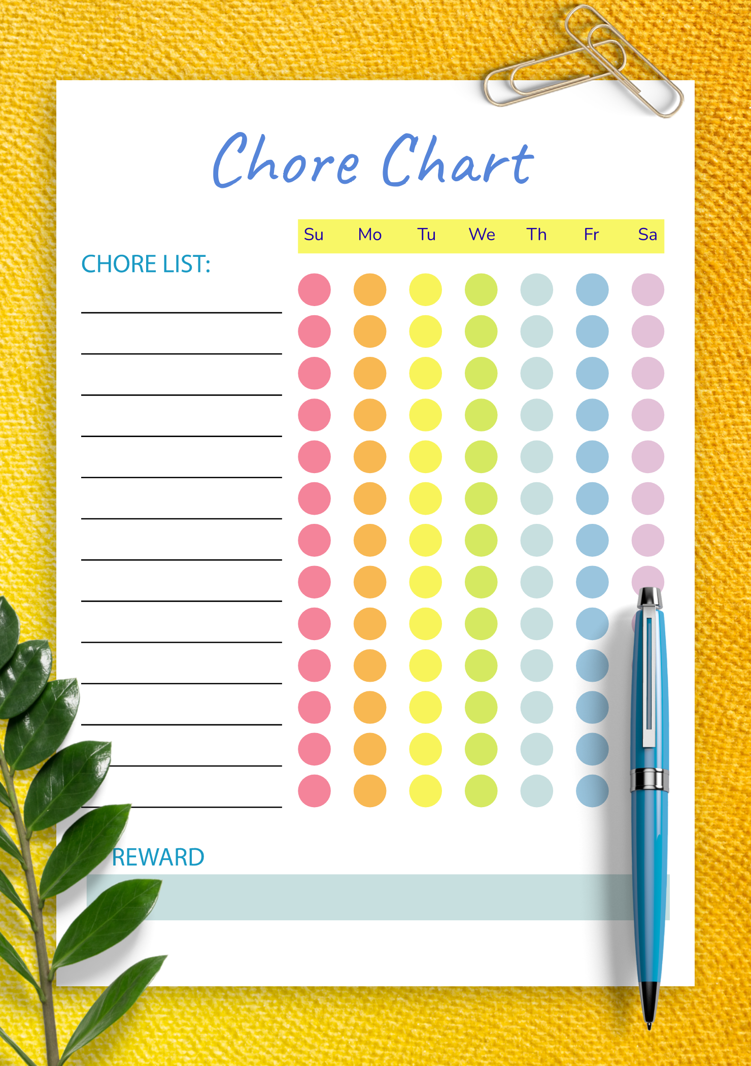 Download Printable Colored Weekly Chore Chart Template PDF