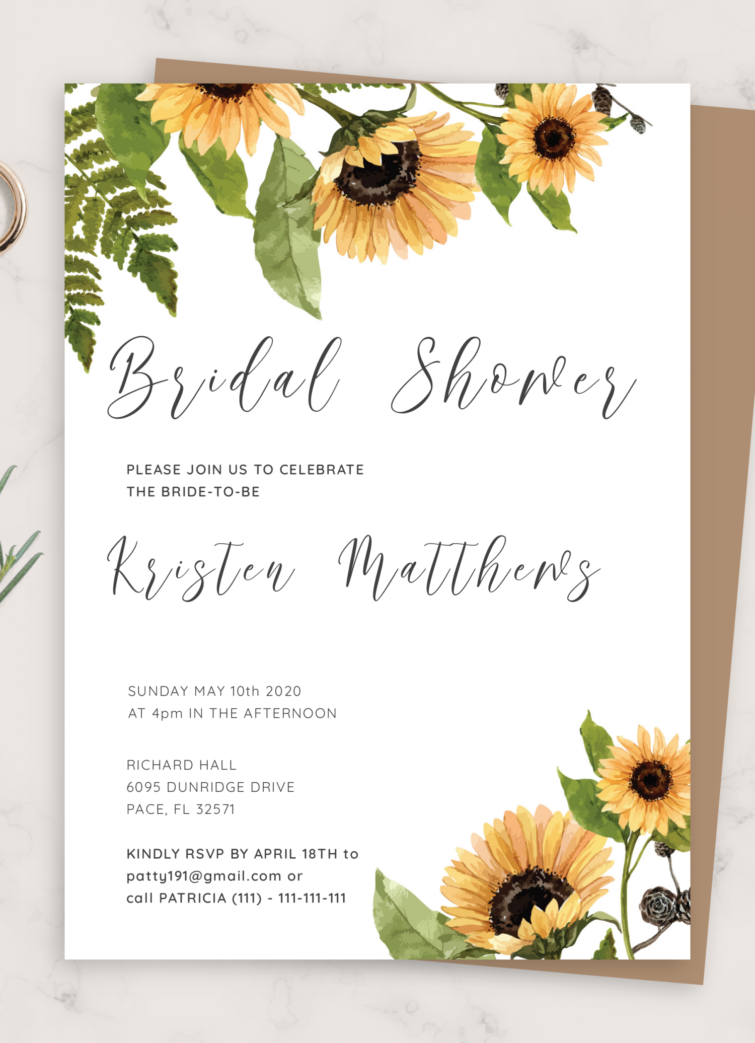Download Printable Sunflower Bridal Shower Invitation PDF