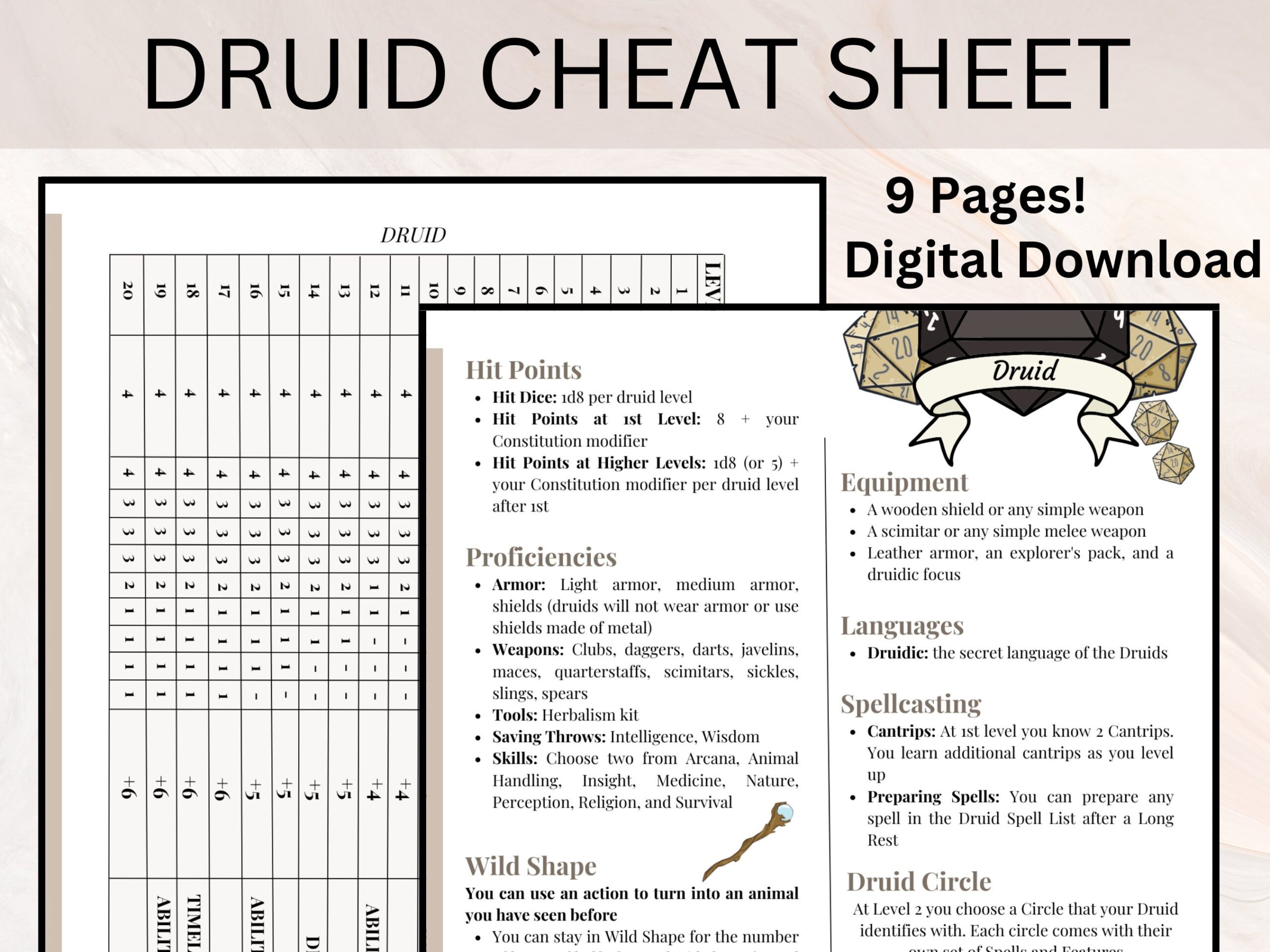 Druid Cheat Sheet Druid Quick Reference Guide Dnd Cheat Sheet 9 Page Druid Cheat Sheet Druid Circles Dungeons And Dragons Etsy