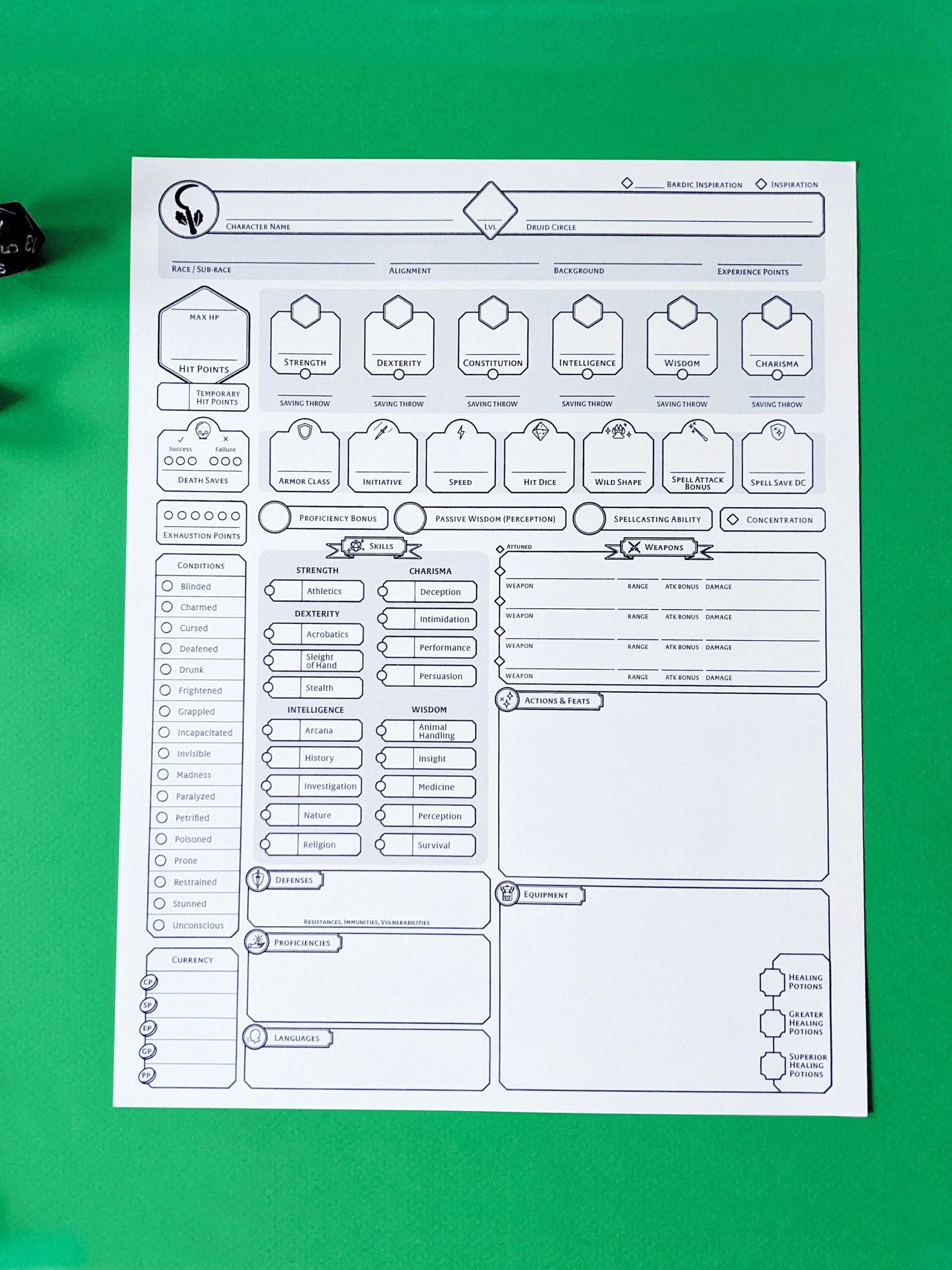 Druid Custom Character Sheet Printable And Form fillable Etsy