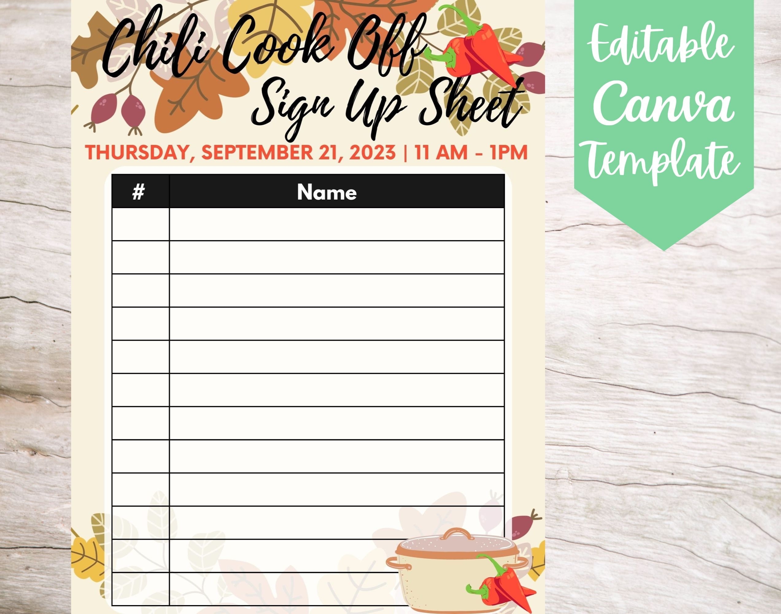 EDITABLE And Printable Chili Cook Off Sign Up Sheet Template Instant Download Office Chili Cook Off Canva Sign Up Sheet Template Etsy