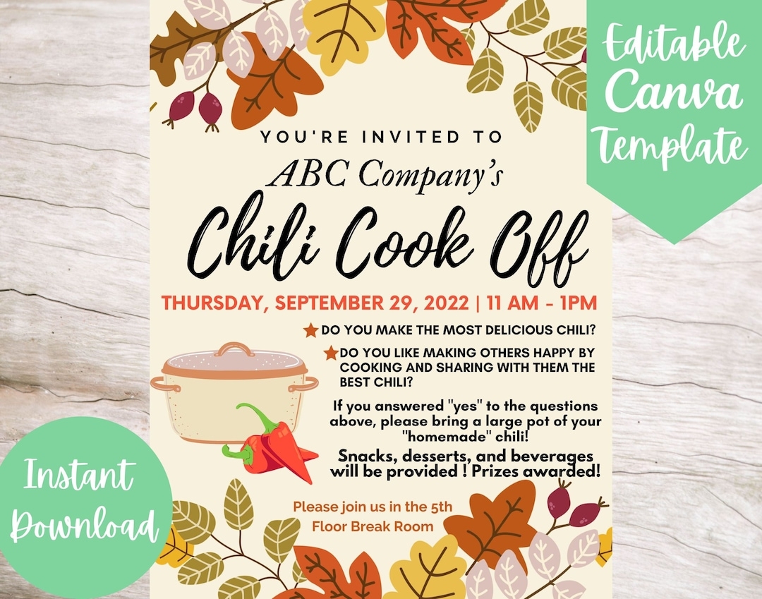 Editable And Printable Office Chili Cook Off Invitation Flyer Template Instant Download House Party Chili Cook Off Canva Flyer Template Etsy