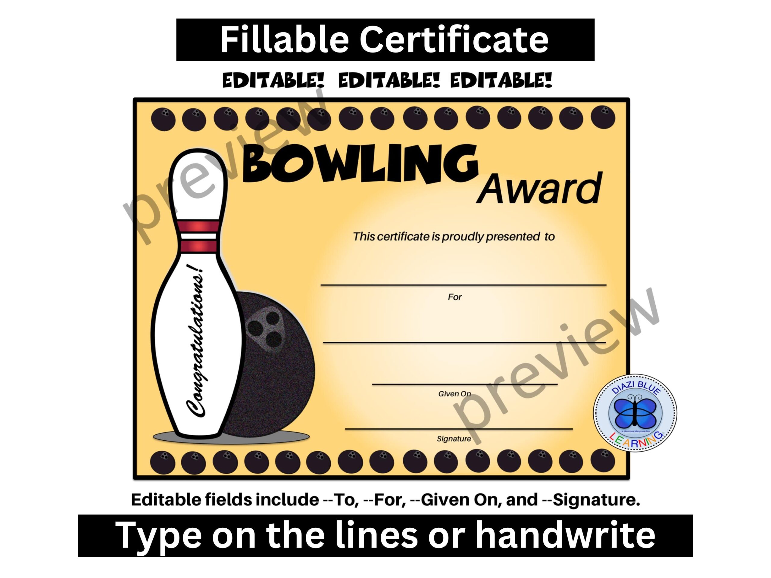 Editable Bowling Award Certificate Etsy