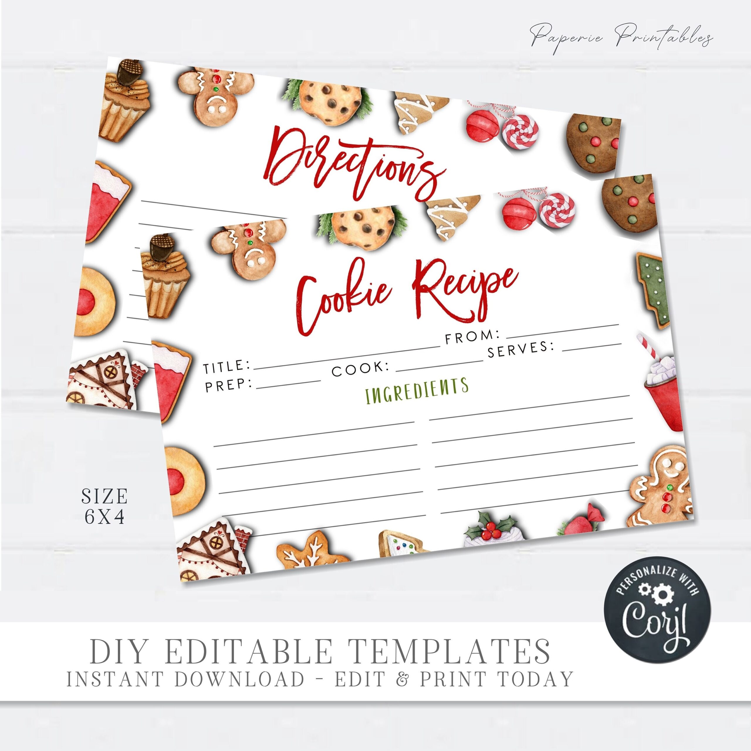 Editable Cookie Recipe Card Christmas Cookie Recipe Cards Christmas Recipe Card Cookie Swap Party Printable DIY With Corjl CP59 CP58 Etsy