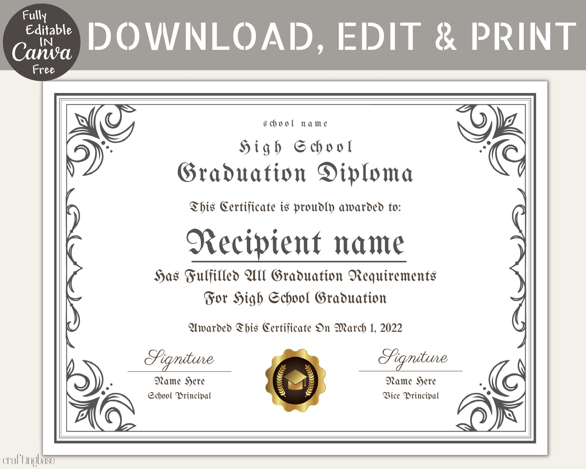 Editable High School Diploma Template Keepsake Certificate canva Etsy