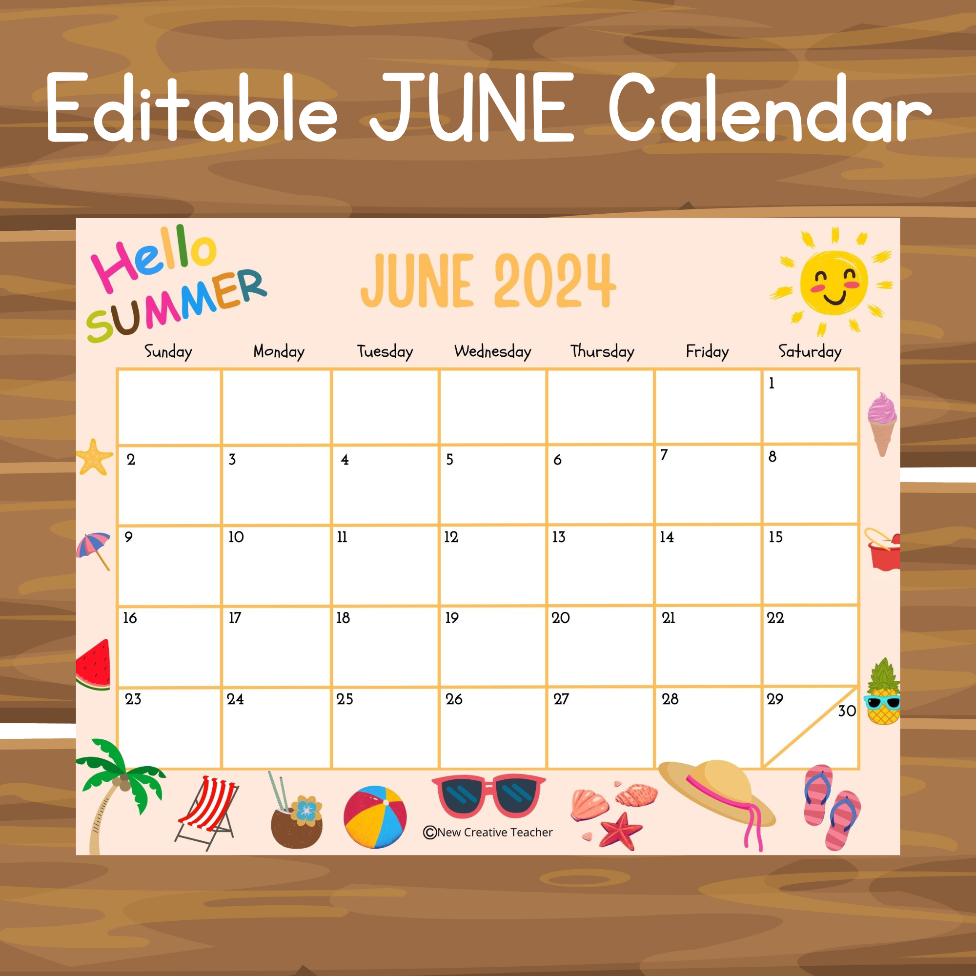 Editable JUNE 2024 Calendar SUMMER Made By Teachers