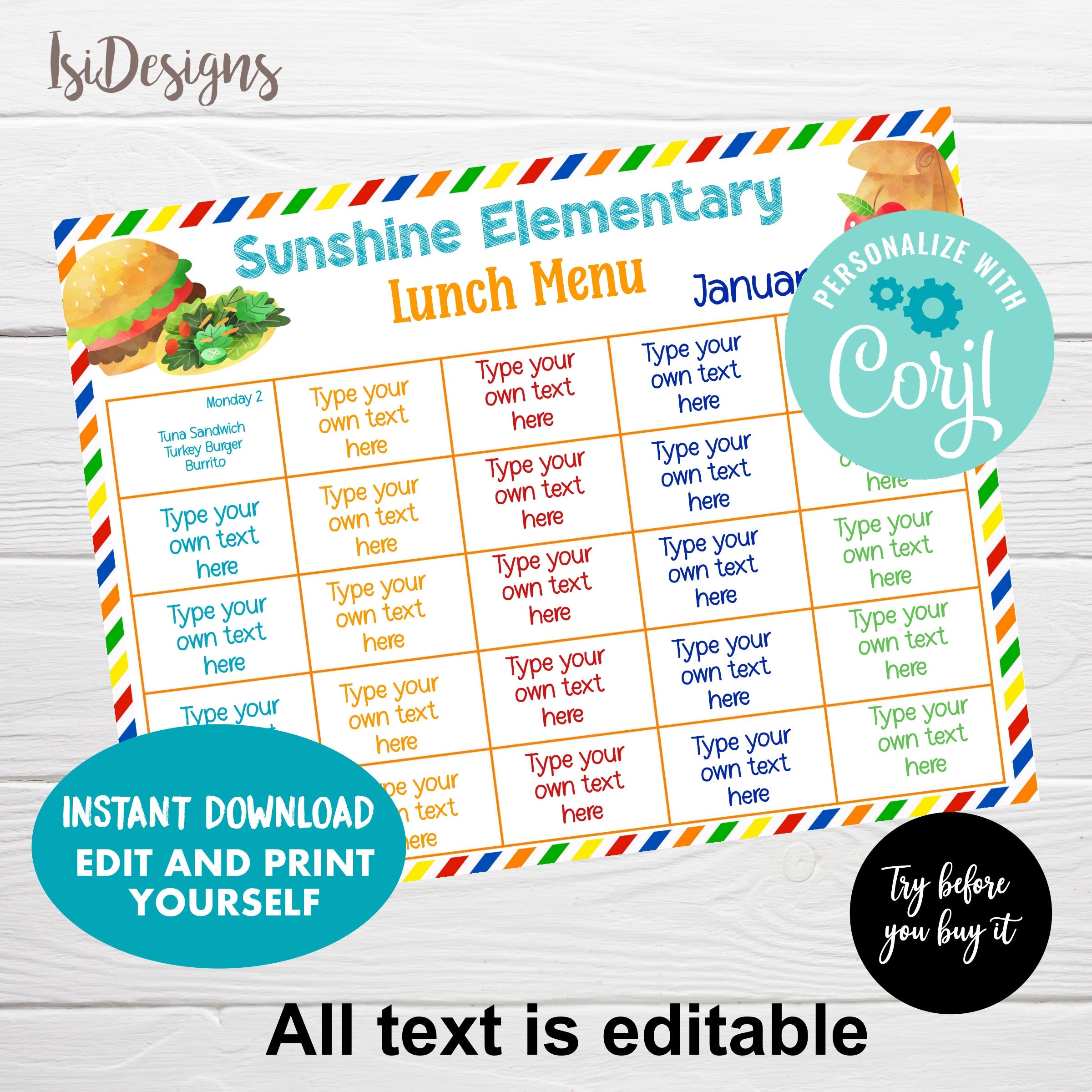 Editable Kids Lunch Planner Meal Weekly Planner Lunch Menu For Children Instant Download School Lunch Menu Planner Etsy