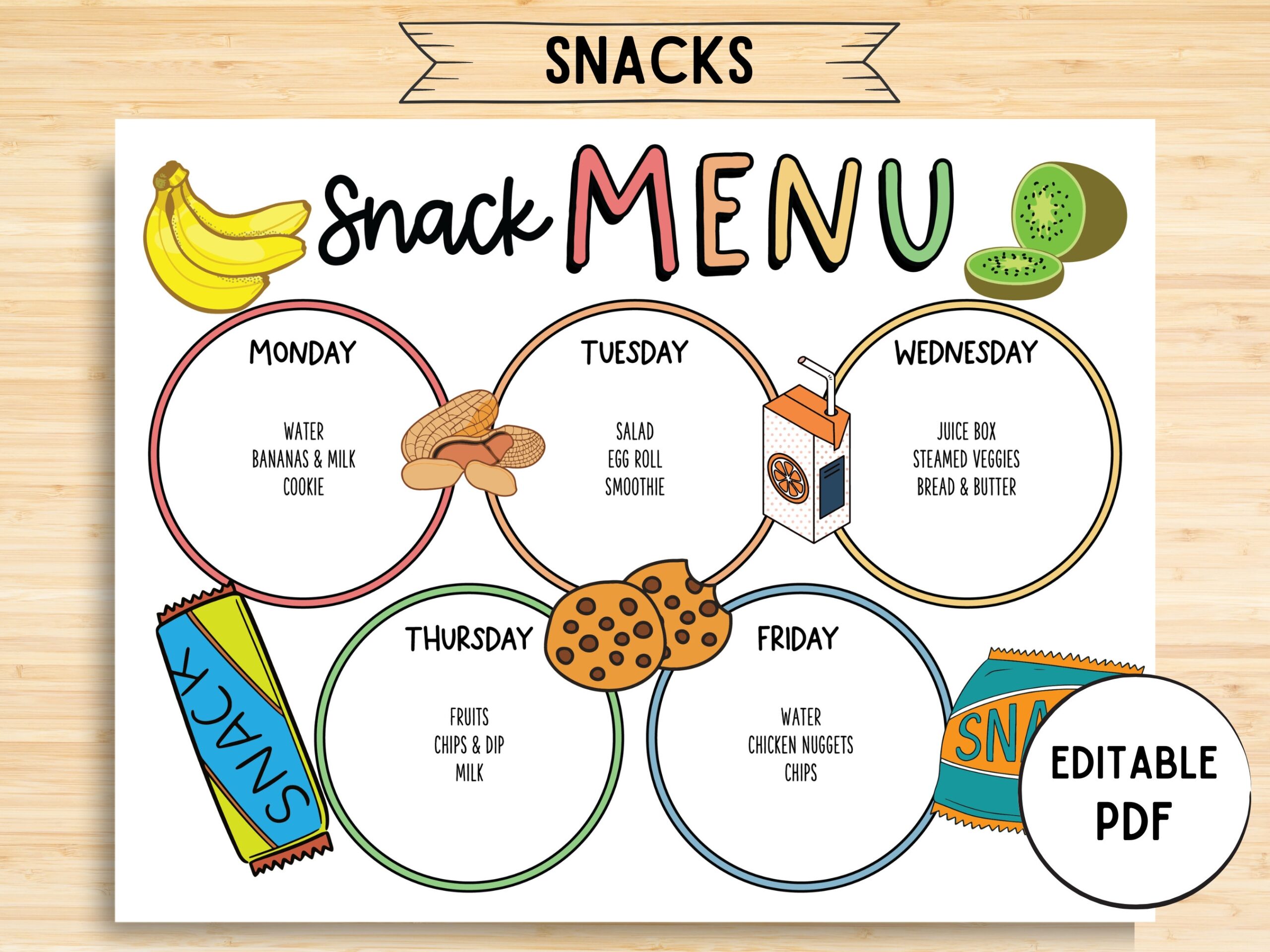 Editable Kids Snack Planner Meal Weekly Planner Snacks Menu For Children Instant Download School Snack Menu Planner Etsy