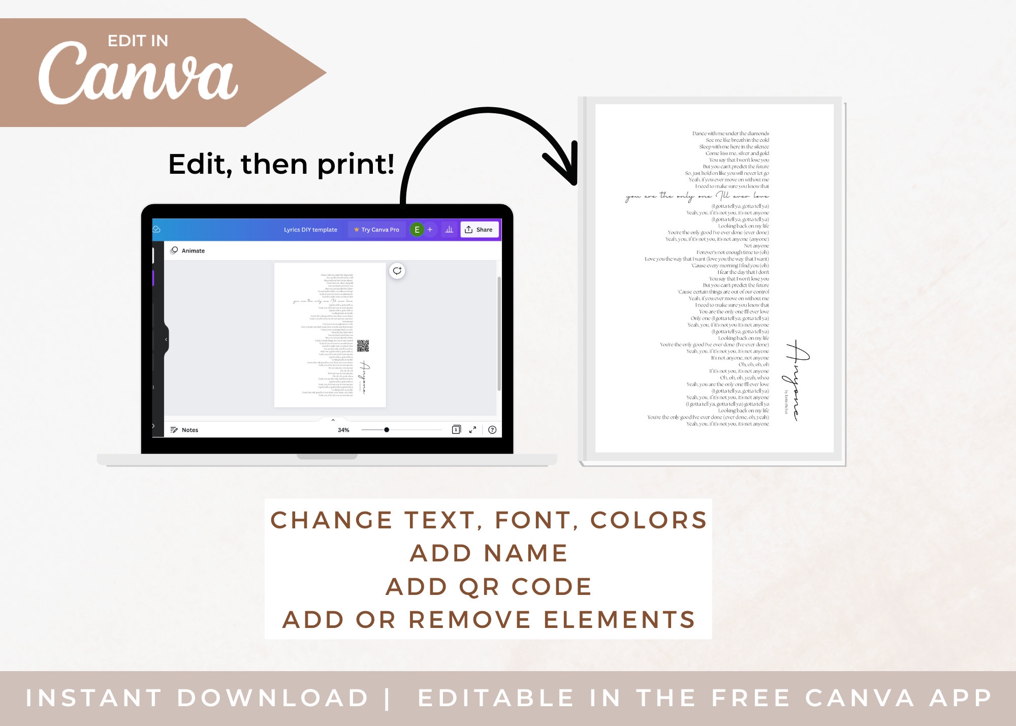 Editable Lyrics Printable Canva Template Printable Song Lyric Wall Art Anniversary Gift Wedding Gift Canva Template Wedding Etsy