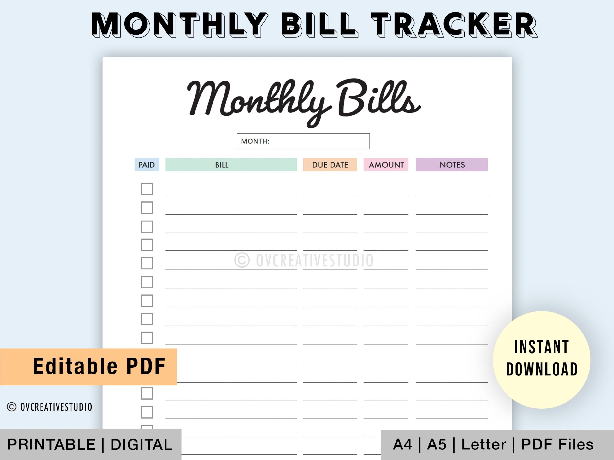 Editable Monthly Bill Tracker Bill Planner Monthly Bill Log Bill Payment Checklist Bill Payment Tracker Printable Digital Etsy