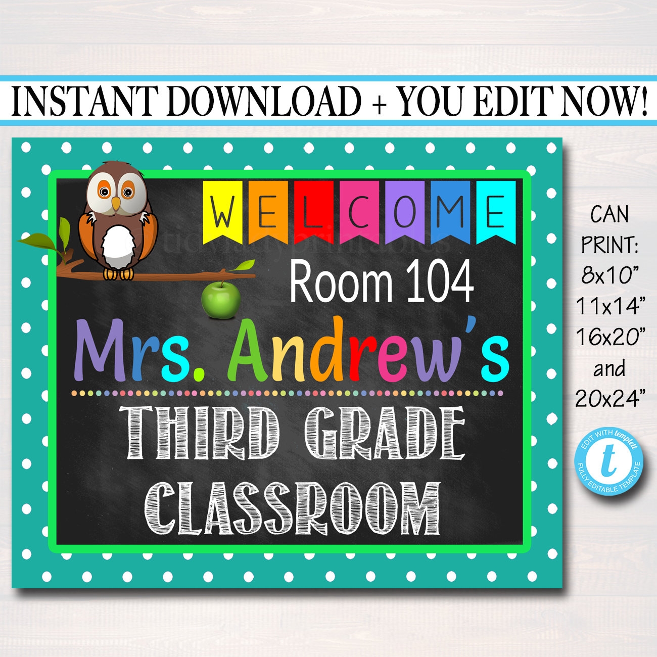 EDITABLE Printable Teacher Classroom Door Sign Owl Classroom Decor Elementary Teacher Door Hanger Custom Teacher Name Sign Teacher Gifts Etsy