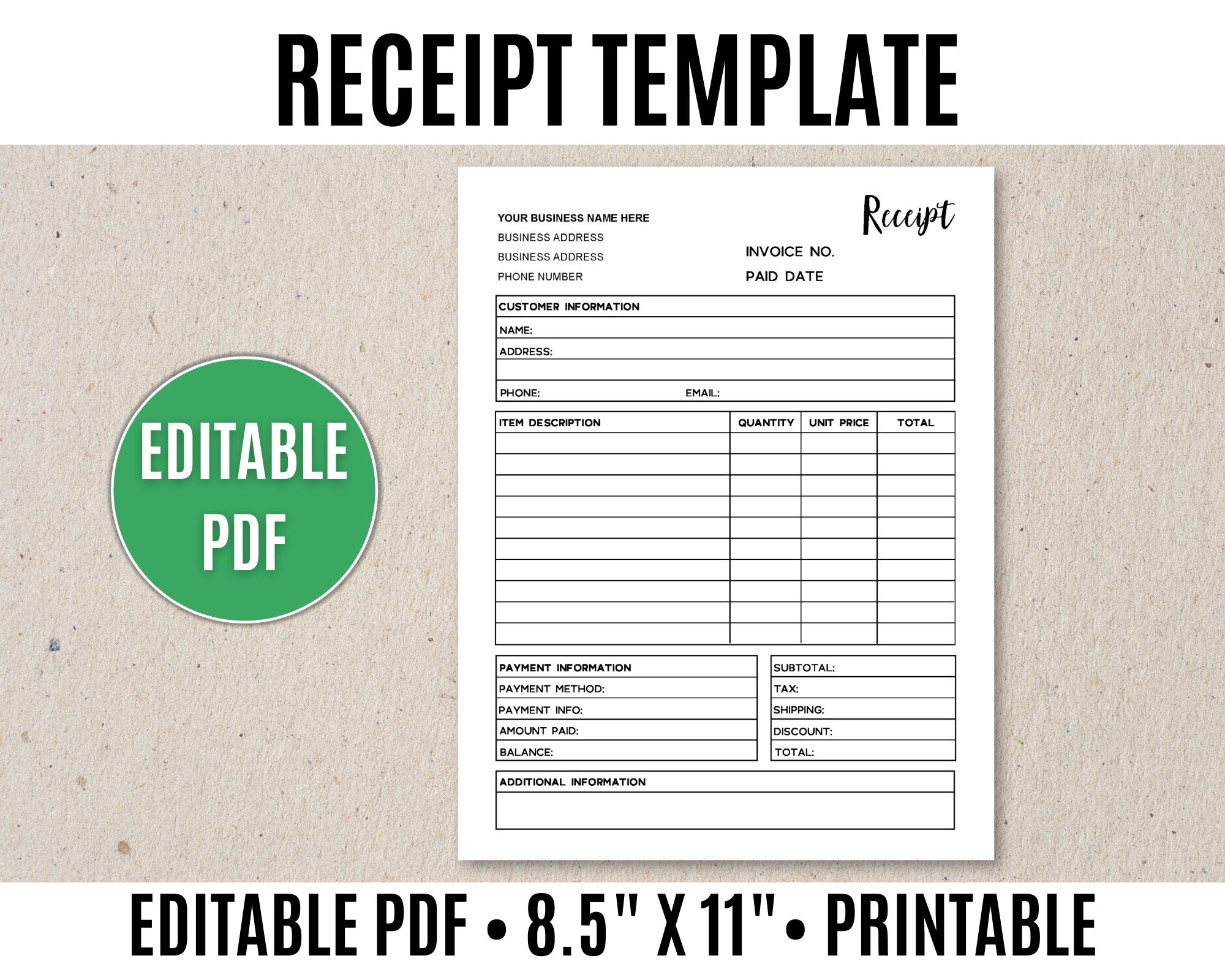 Editable Receipt Template Printable Order Form PDF Etsy