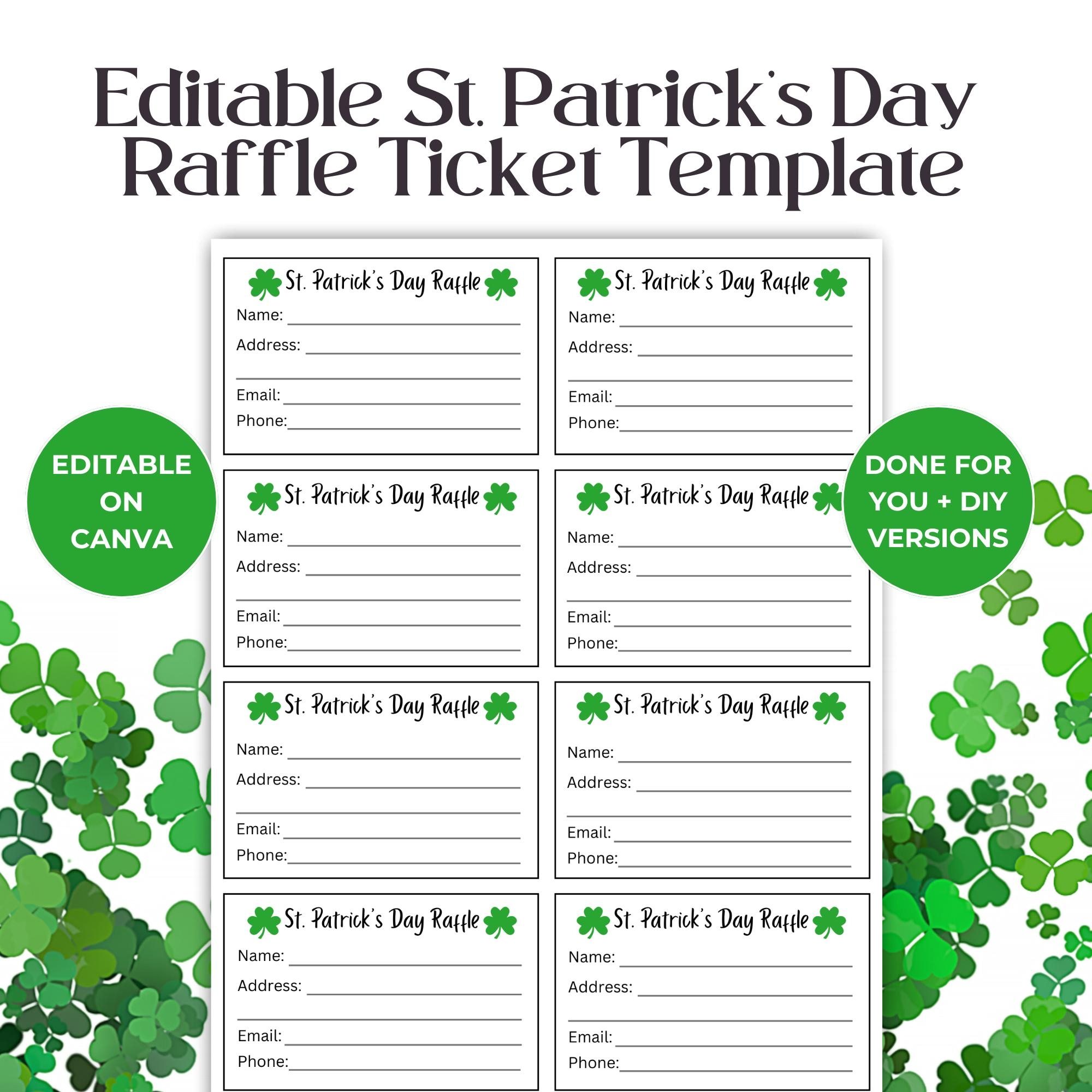 Editable St Patricks Day Raffle Ticket Template Fundraising Event School PTO Fundraiser RAF01 Etsy UK