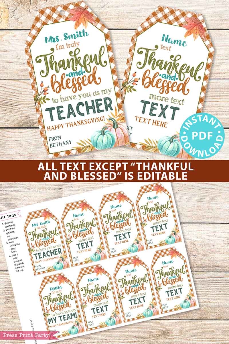 Editable Thanksgiving Gift Tags Printable Thankful And Blessed Gingham Press Print Party 