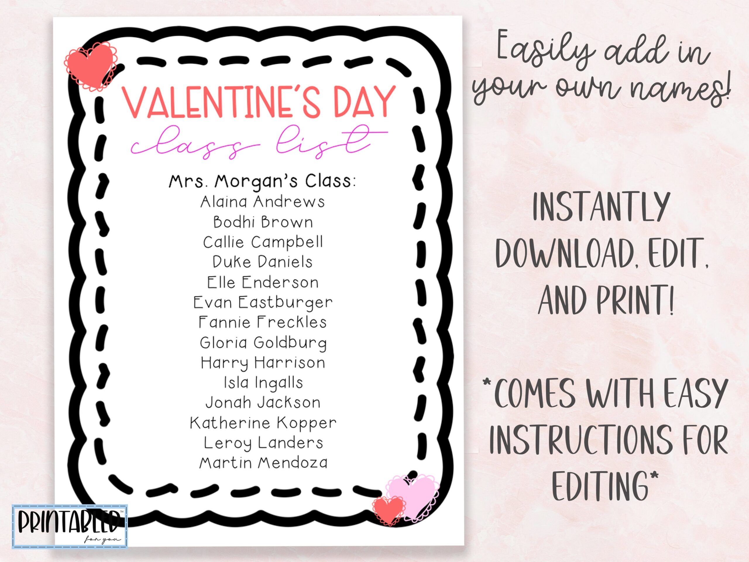 Editable Valentine s Day Class List Instant Download And Printable Etsy Canada