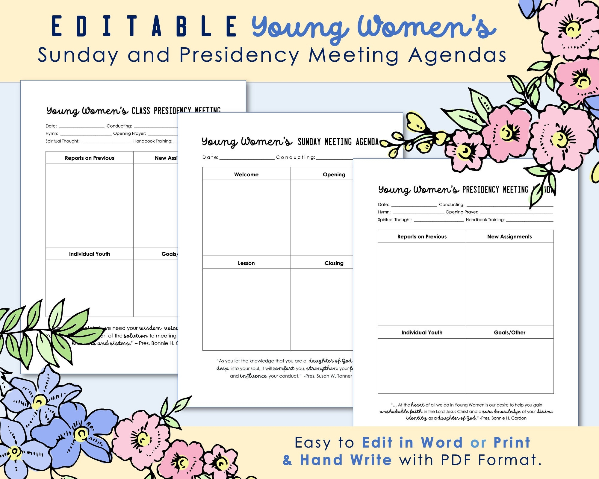 Editable Young Womens Agendas For Sunday And Presidency Meetings LDS YW Etsy