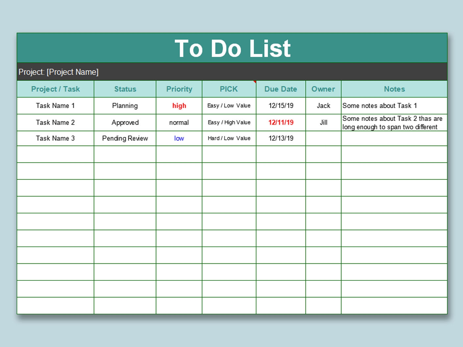 Simple Editable Printable To-Do List For Excel