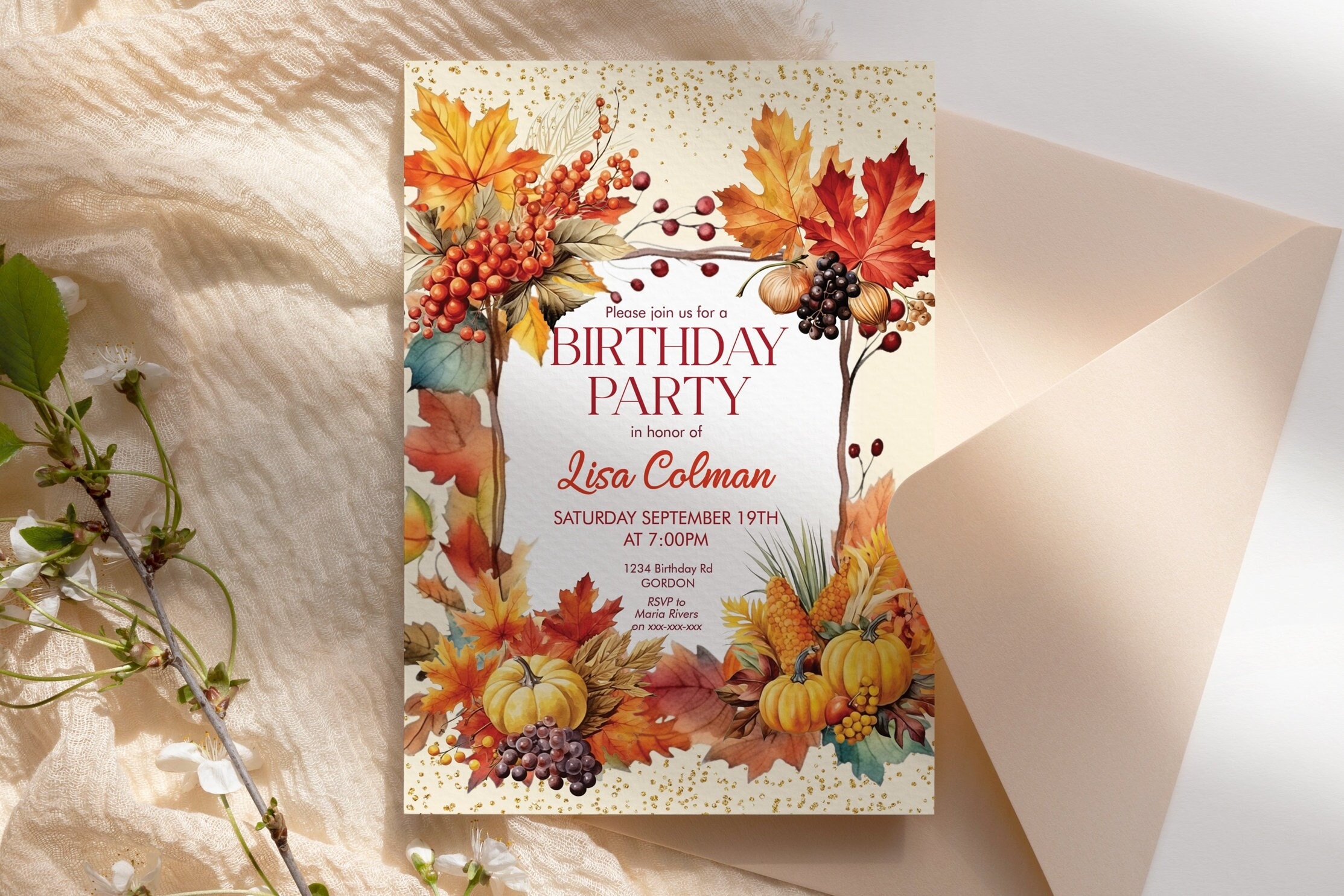 Fall Pumpkins Orange Leaves Berries Birthday Invitation Autumn Gold Glitter Printable Dinner Party Editable Template Women Rust Foliage