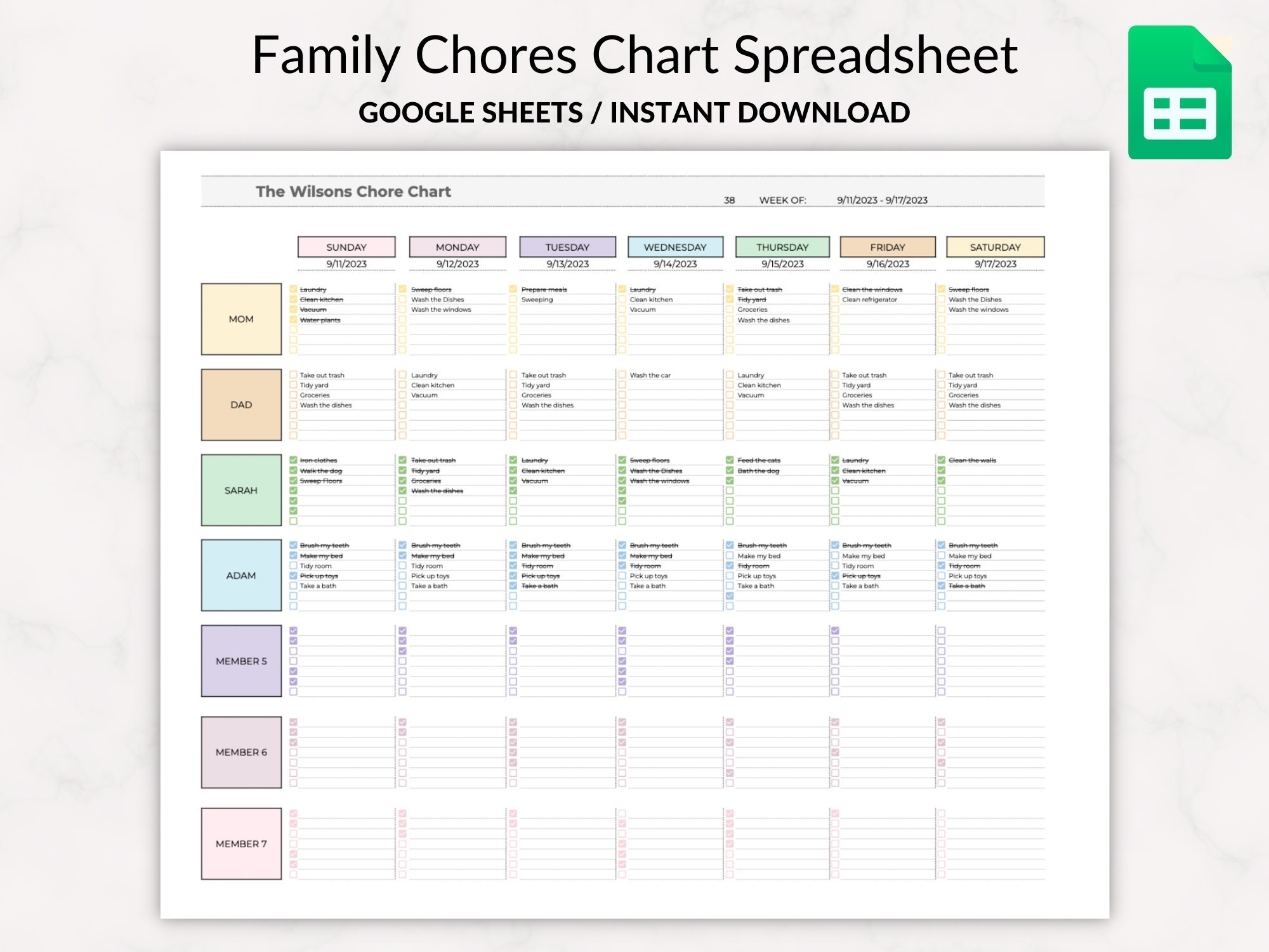 Family Chore Chart Google Sheets Template Weekly Chore Chart Spreadsheet Editable Chore Chart Printable Chore Chart Family Weekly Schedule Etsy
