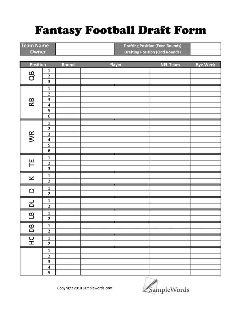 Fantasy Football Draft Sheet Editable Printable