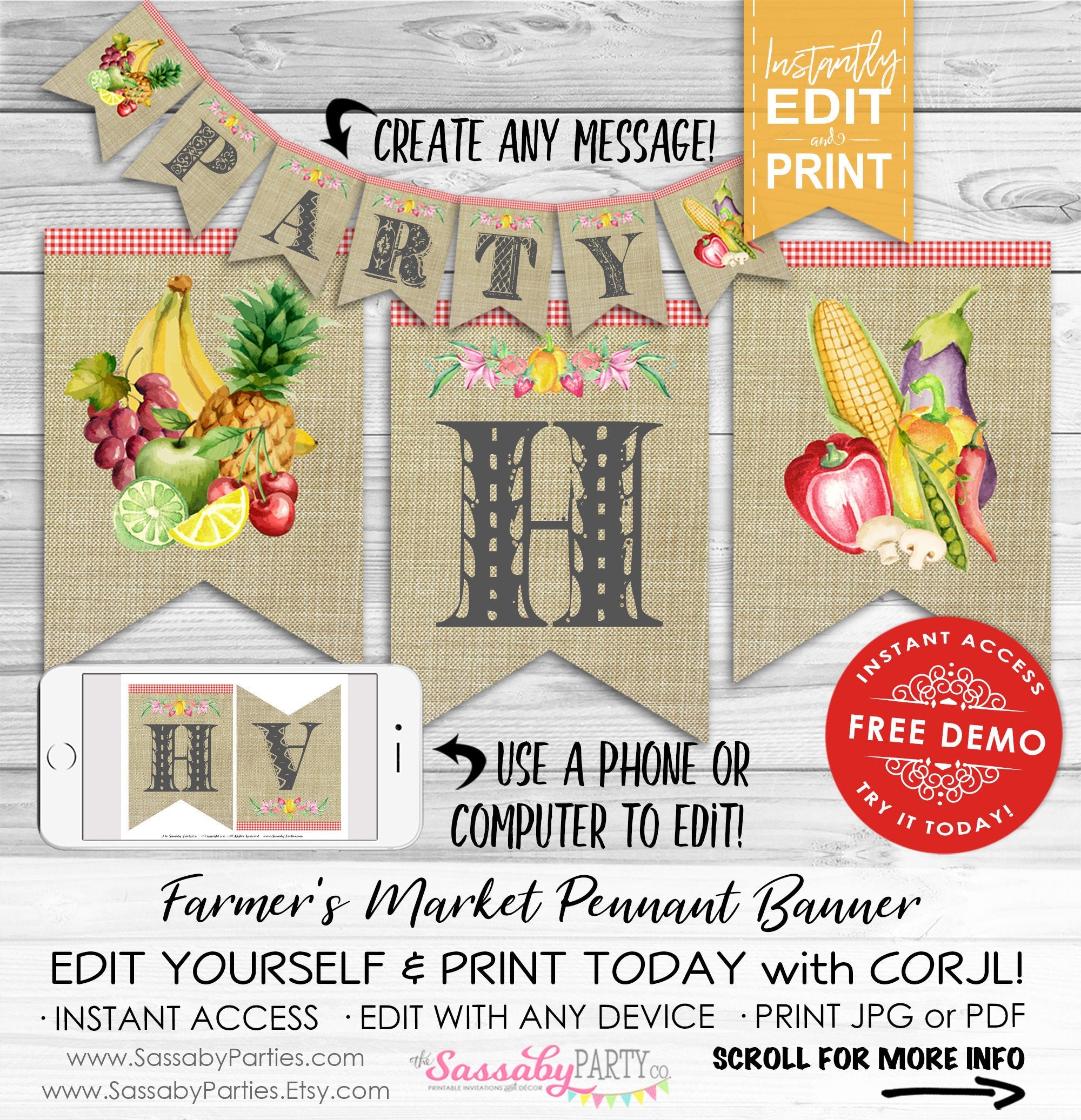 Farmers Market Party Banner INSTANT DOWNLOAD Editable Printable Birthday Bunting Decoration Decor Country County Fair Edit Print Etsy