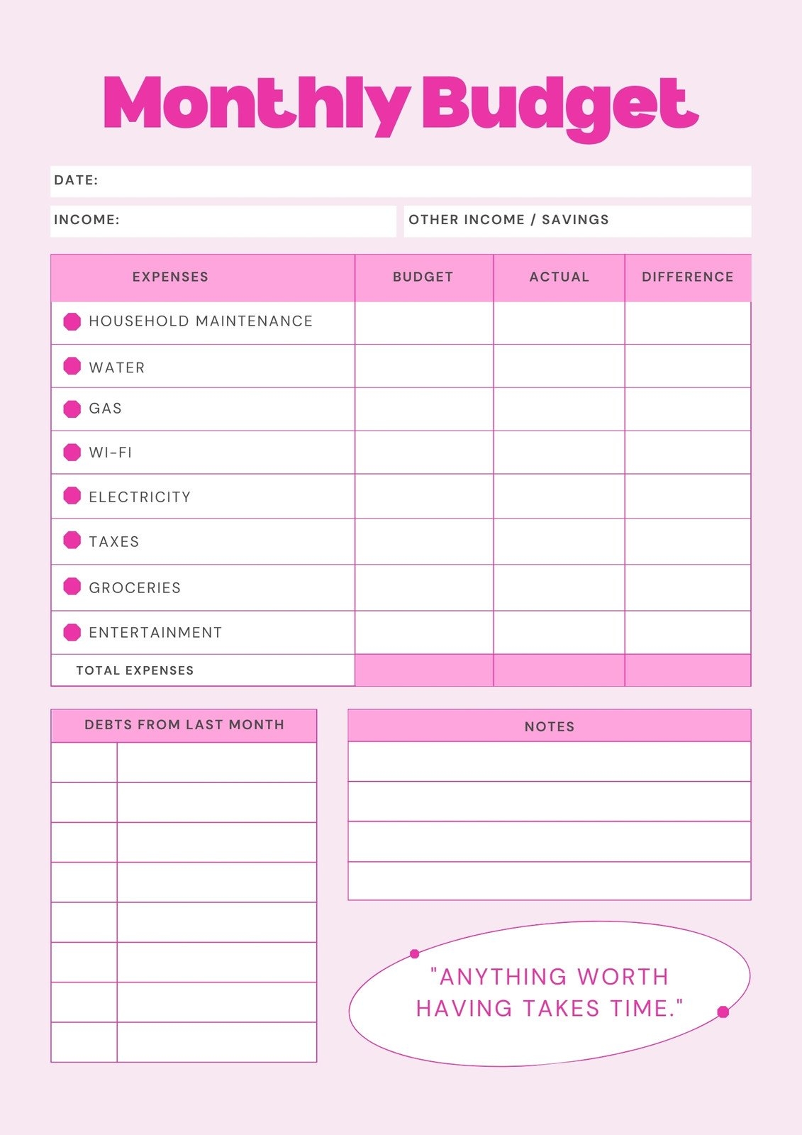 Editable Monthly Budget Printable