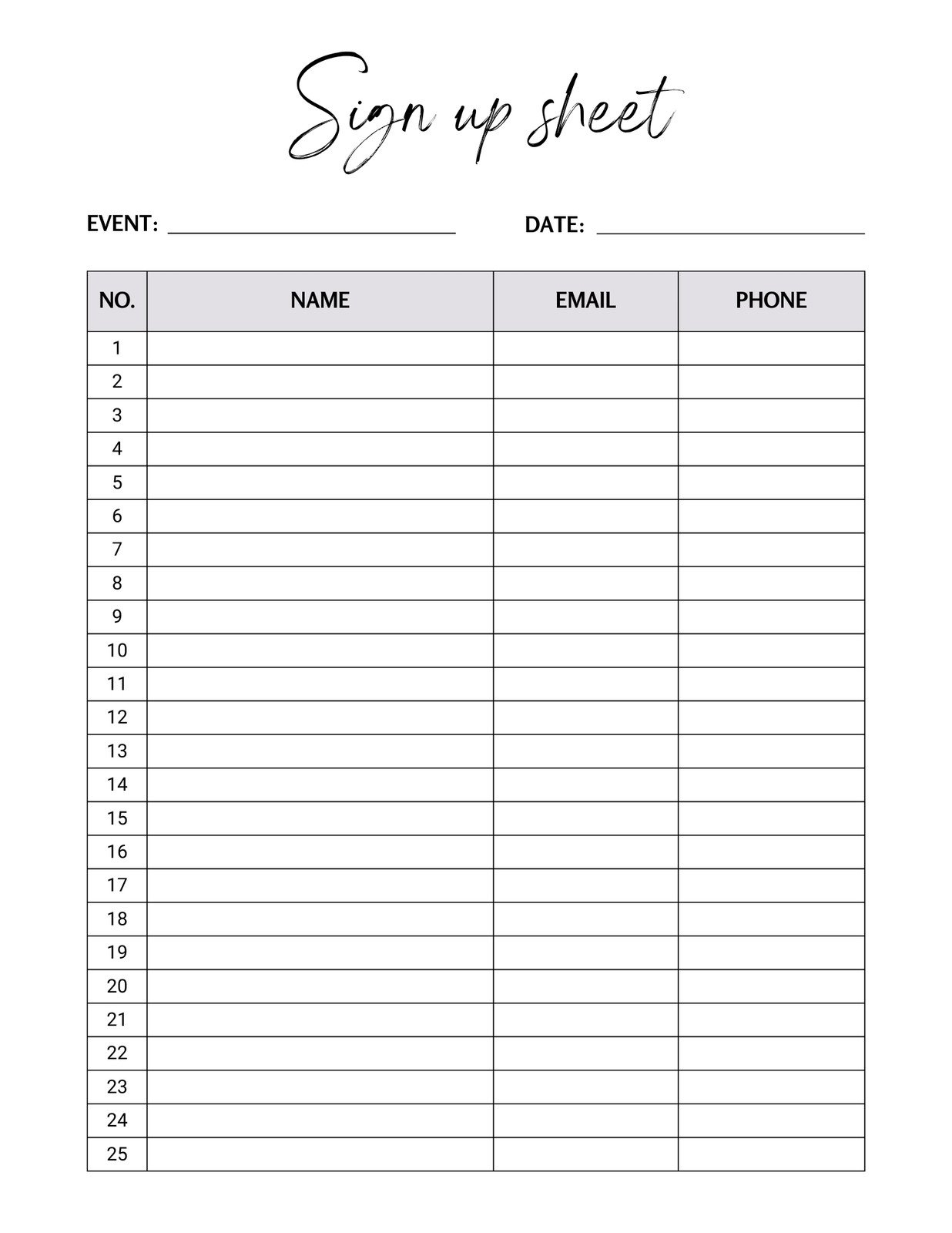 Editable And Printable Sin Up Sheets