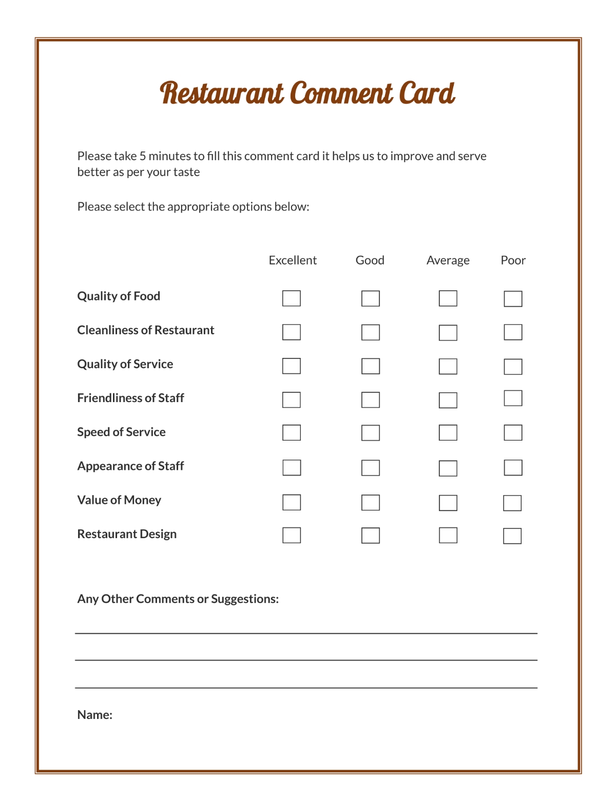 Free Comment Card Templates Editable And Printable