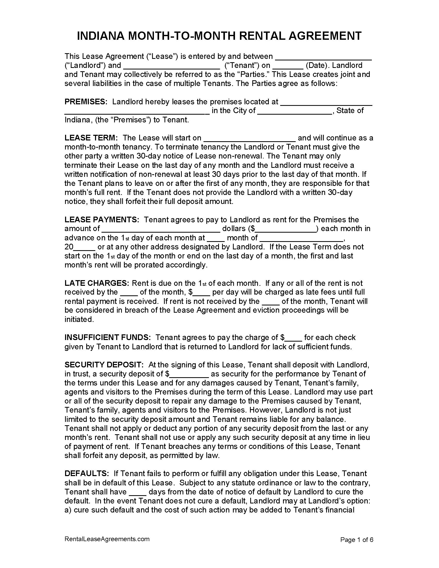Free Indiana Month to Month Lease Agreement PDF MS Word