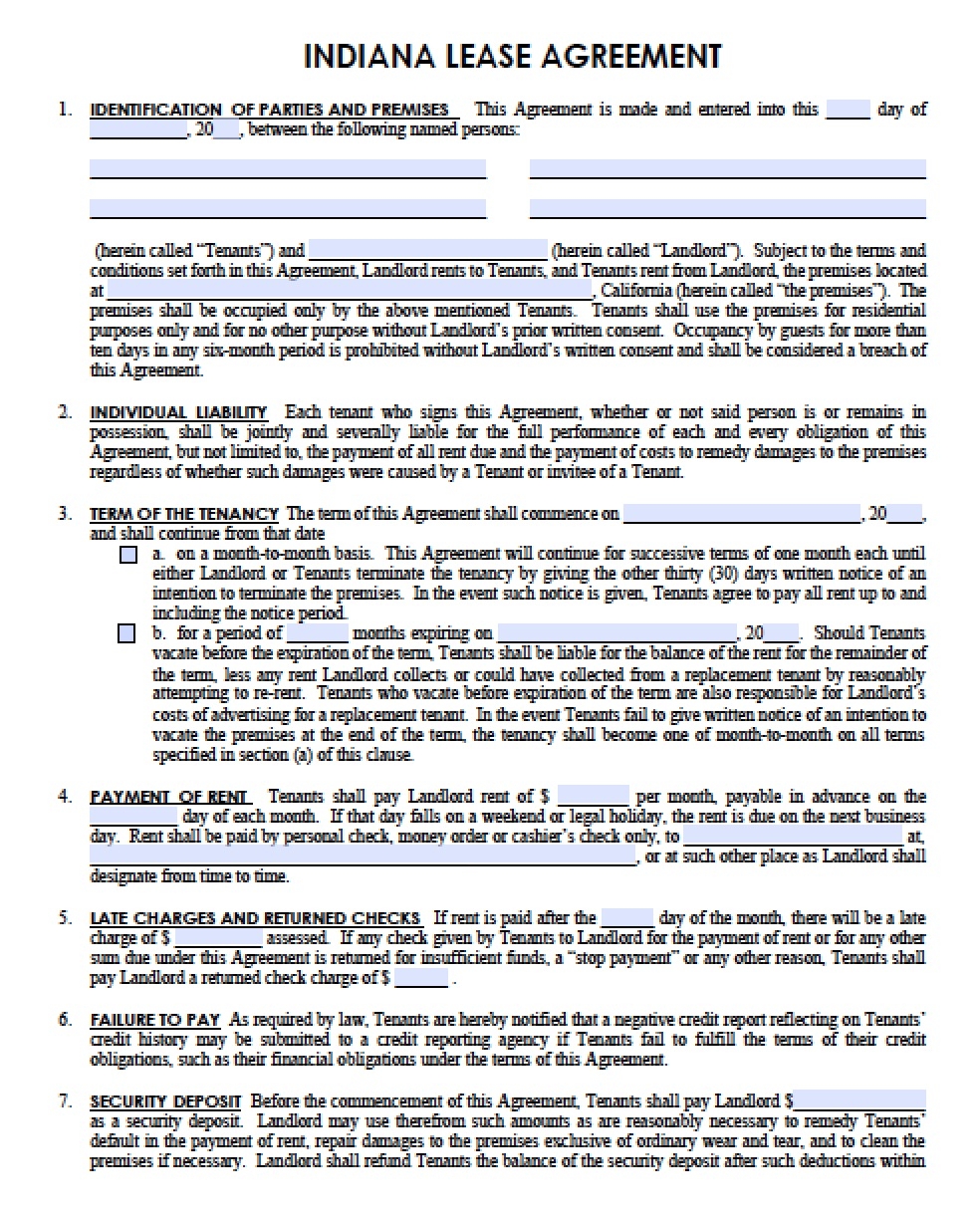 Free Indiana Rental Lease Agreement Templates PDF Word