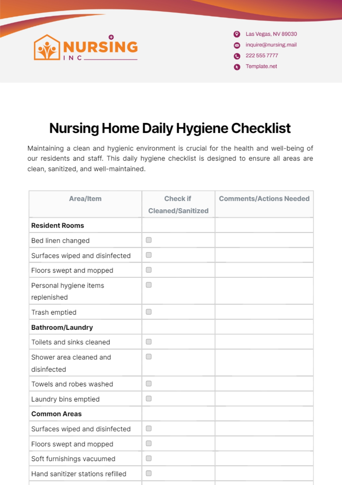 Free Nursing Home Daily Hygiene Checklist Template To Edit Online