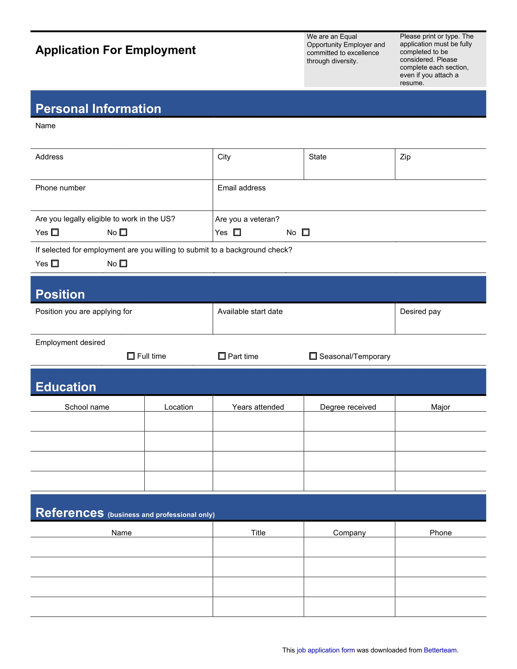Free Editable And Printable Job Application Forms