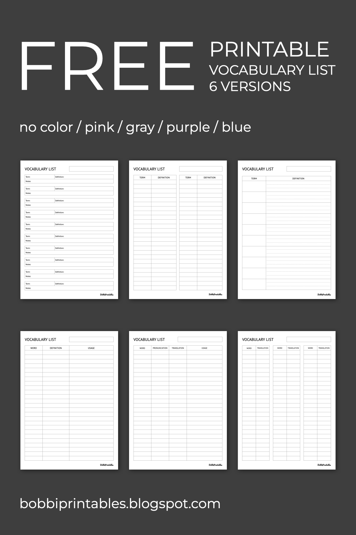Free Printable Vocabulary List Templates