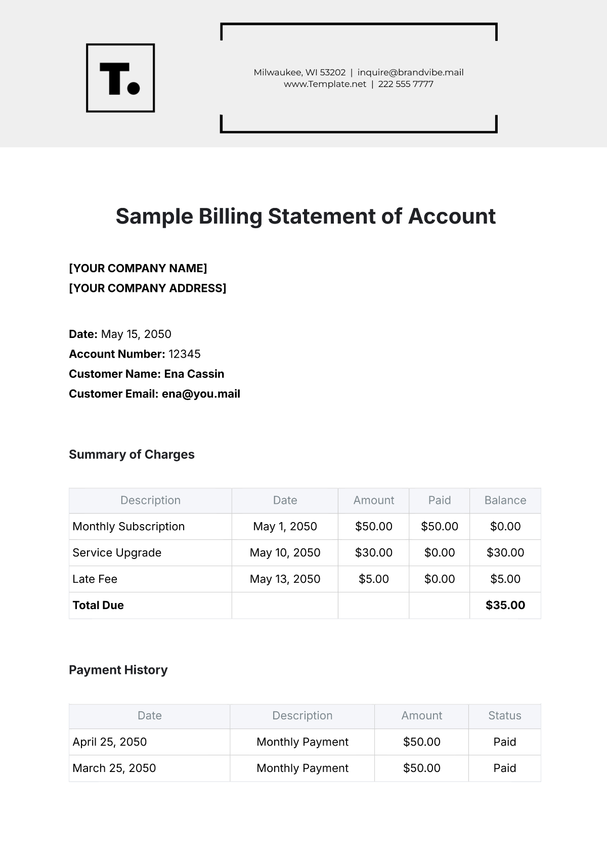 Free Printable Billing Statement Template Editable