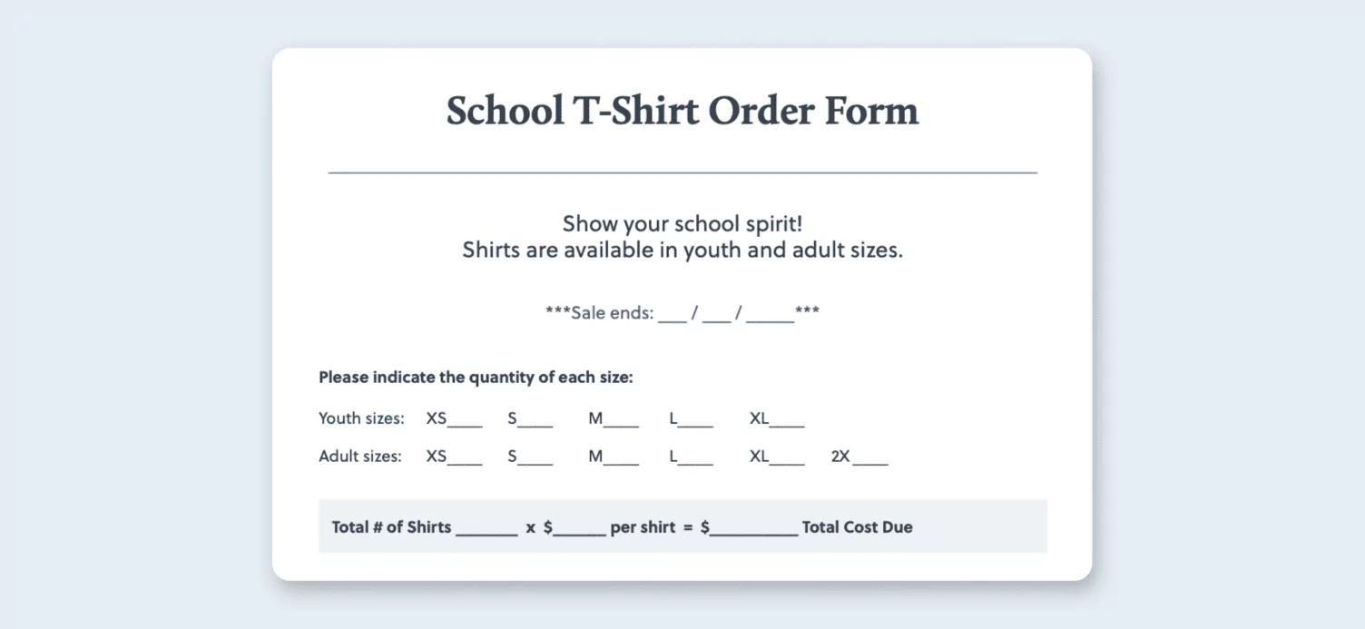 Free T Shirt Order Form Template Excel Google Sheets PDF Bonfire