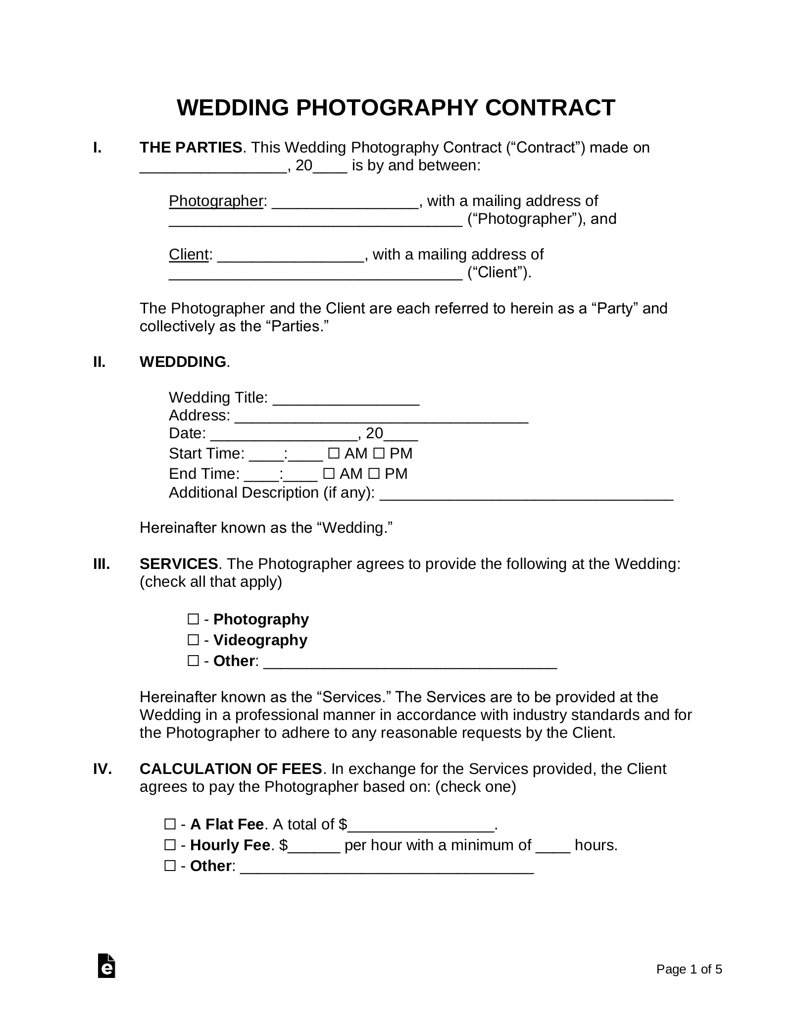 Free Wedding Photography Contract Template PDF Word EForms