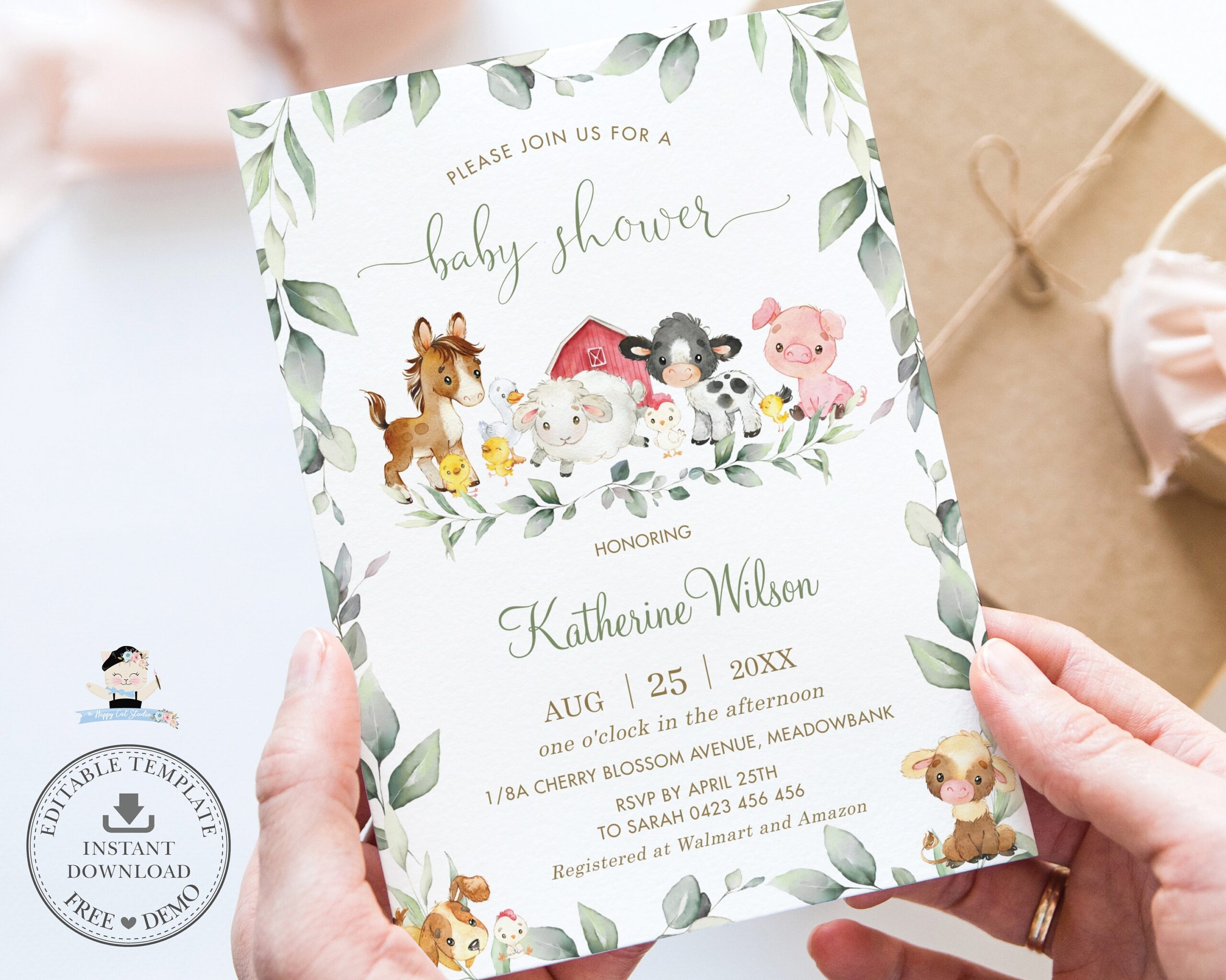 Greenery Farm Animals Baby Shower Invitation EDITABLE TEMPLATE Chic Gender Neutral Boy Girl Cute Barnyard Country Invite Printable BY5 Etsy
