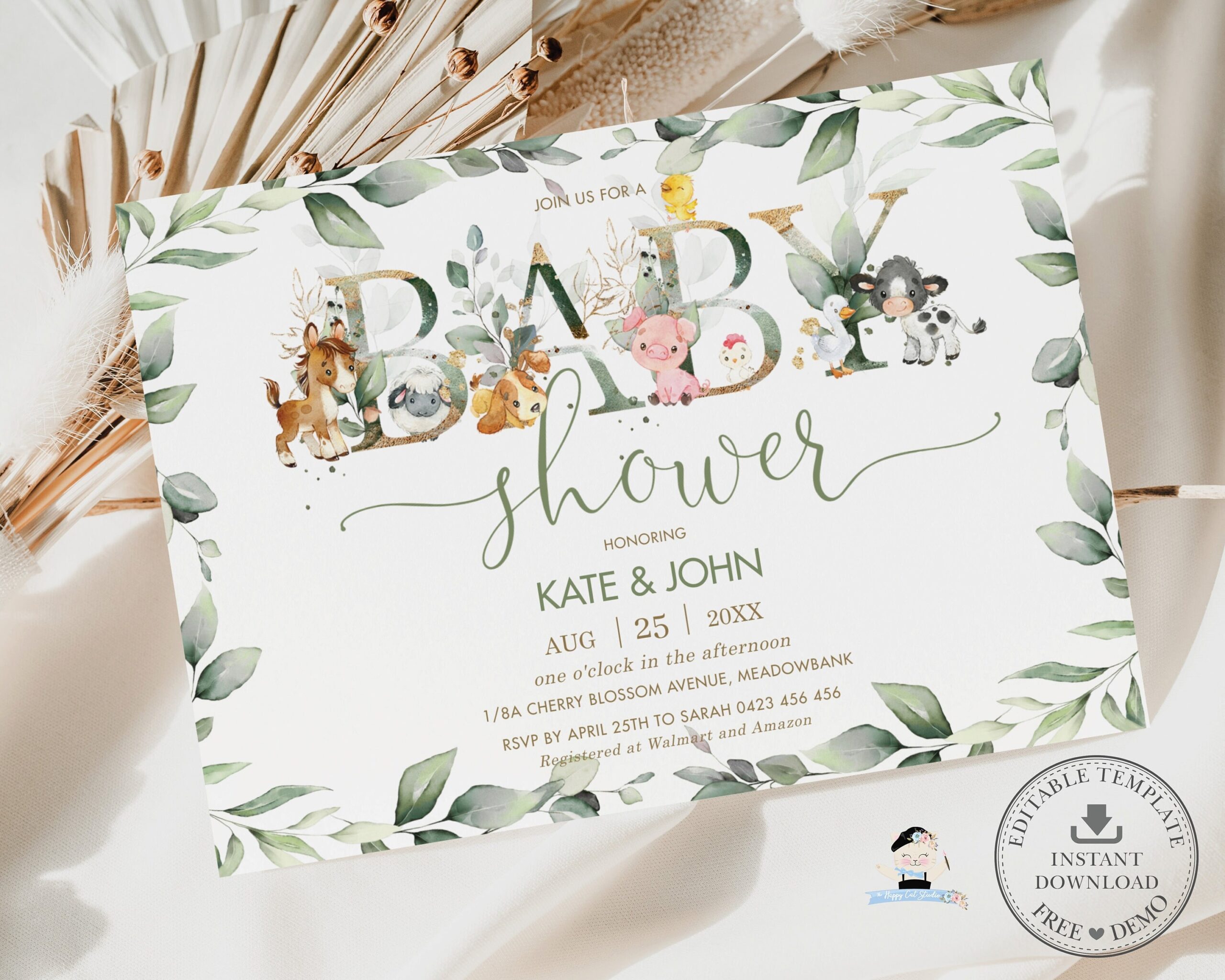 Greenery Farm Animals Baby Shower Invitation Printable EDITABLE TEMPLATE Chic Gender Neutral Boy Girl Barnyard Country DIY Invites BY5 Etsy