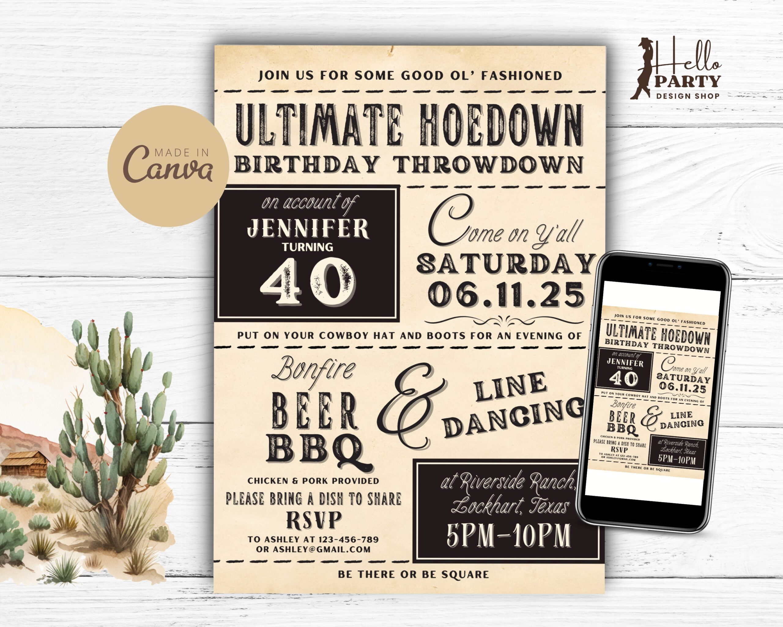 Hoedown Birthday Throwdown Bonfire Beer BBQ Invitation Western Cowboy 40th Digital Invite Country Line Dancing Rustic Editable Flyer HF10 Etsy