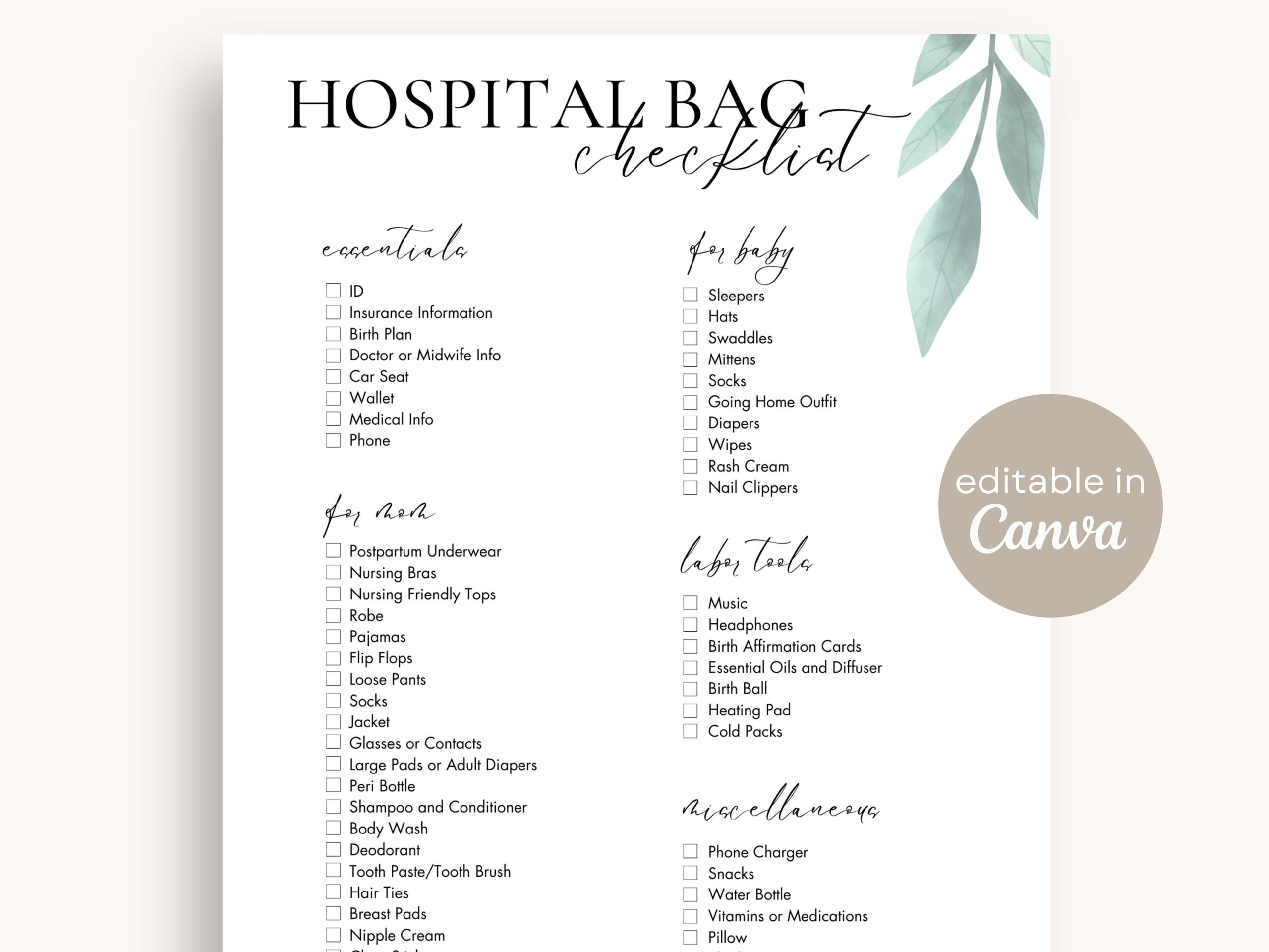 Hospital Packing List Printable Editable
