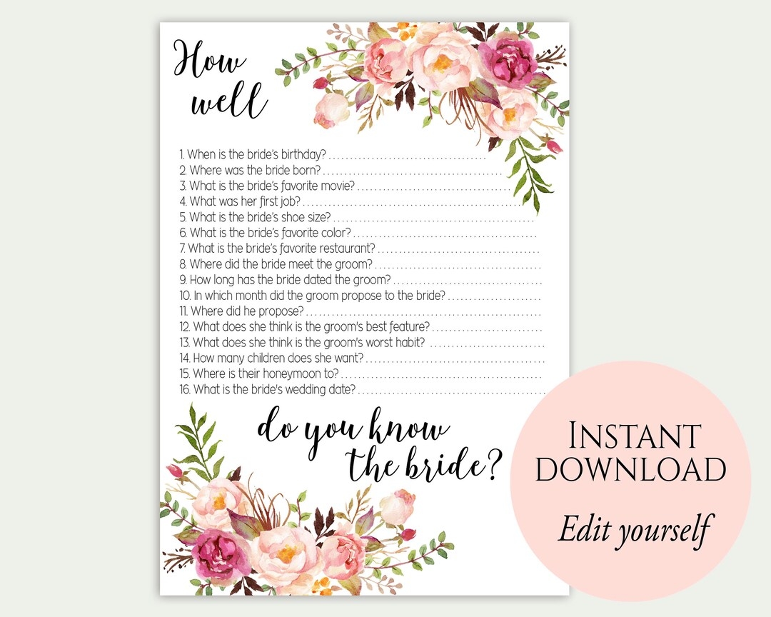 How Well Do You Know The Bride Editable Game PDF Template Bridal Shower Game Floral Bridal Shower Game Printable Instant Download C1 Etsy
